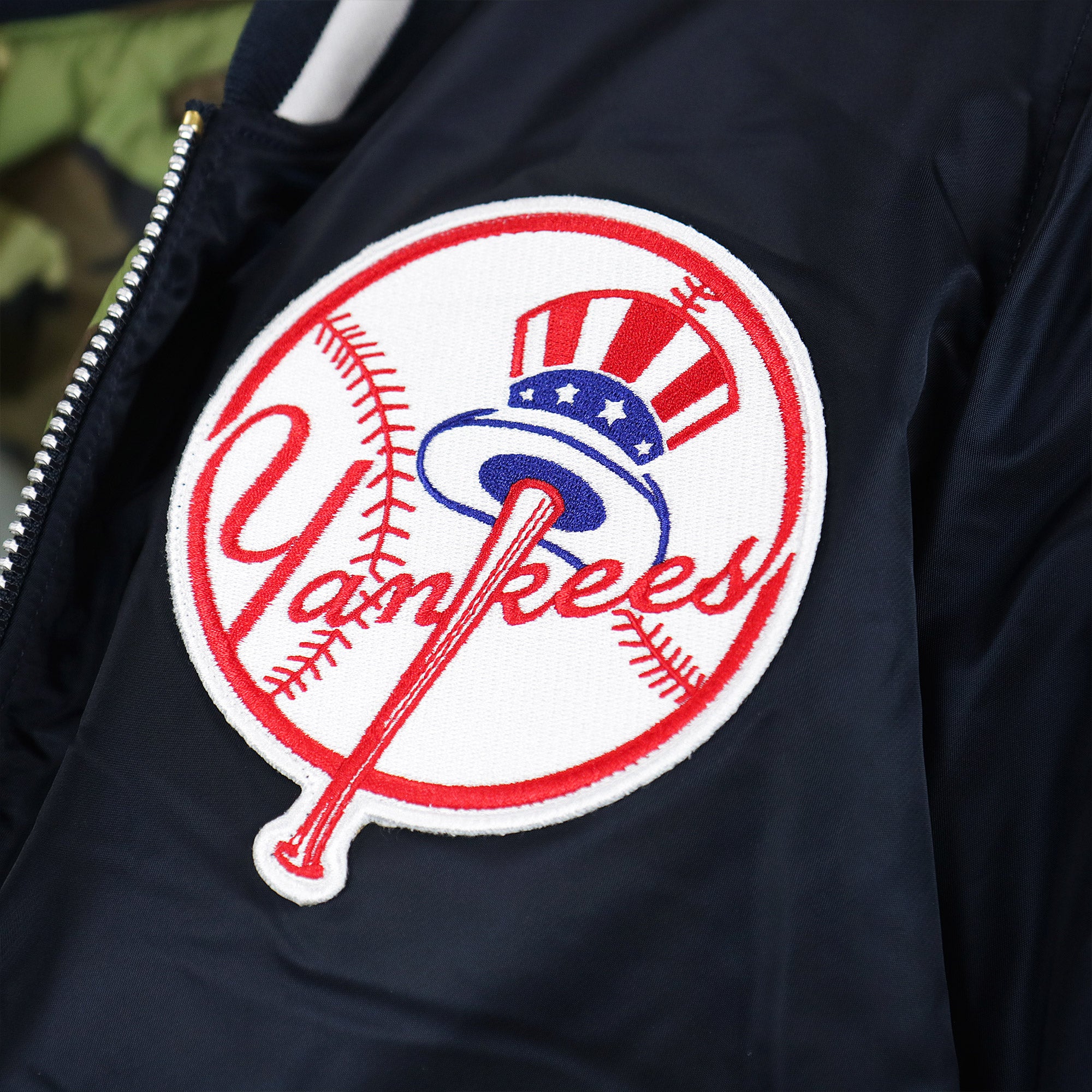 New York Yankees MLB Patch Alpha Industries Reversible Bomber Jacket With Camo Liner | Navy Blue Bomber Jacket