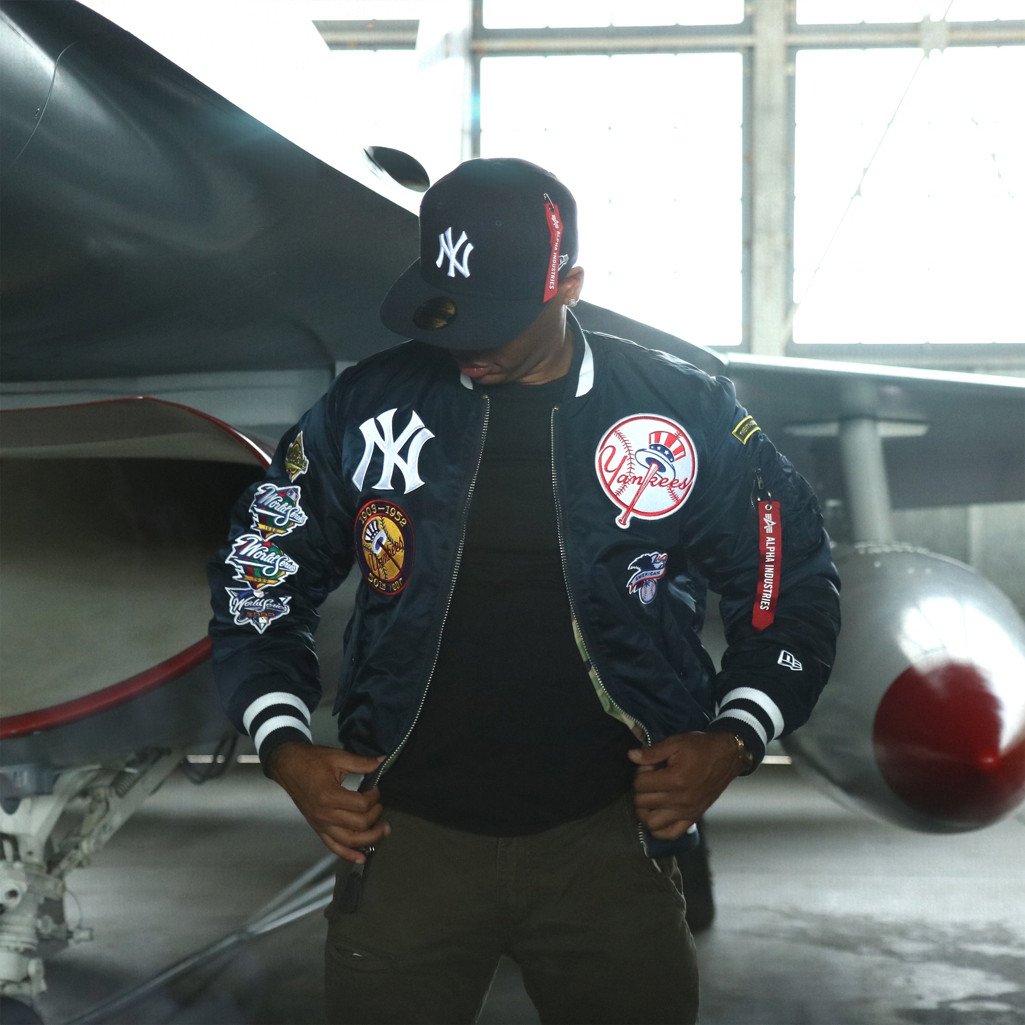 New York Yankees MLB Patch Alpha Industries Reversible Bomber Jacket With Camo Liner | Navy Blue Bomber Jacket