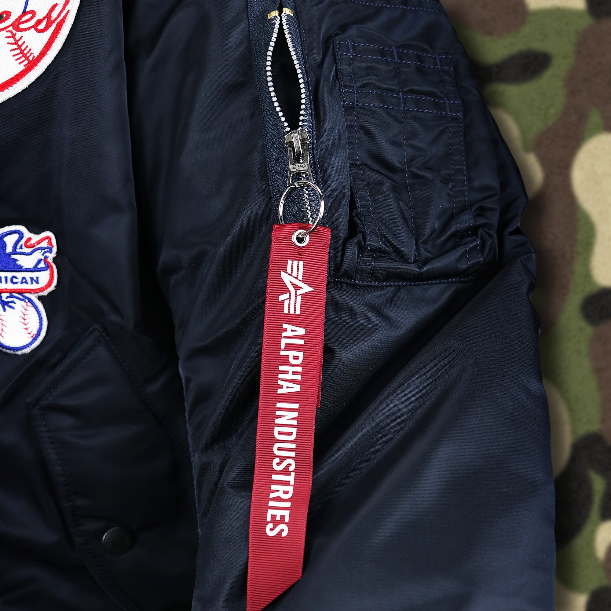 New York Yankees MLB Patch Alpha Industries Reversible Bomber Jacket With Camo Liner | Navy Blue Bomber Jacket