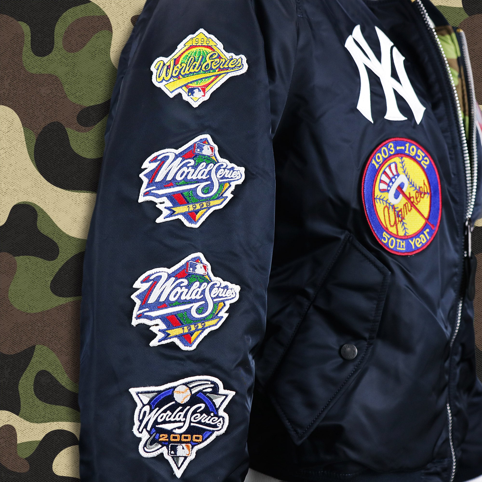 New York Yankees MLB Patch Alpha Industries Reversible Bomber Jacket With Camo Liner | Navy Blue Bomber Jacket