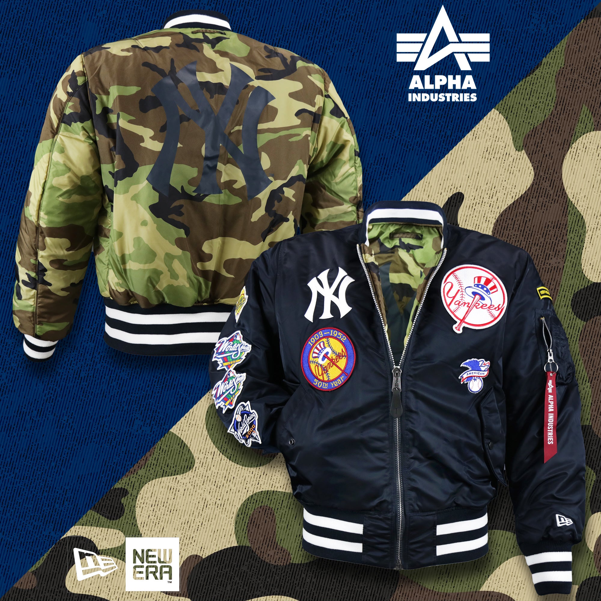 New York Yankees MLB Patch Alpha Industries Reversible Bomber Jacket With Camo Liner | Navy Blue Bomber Jacket