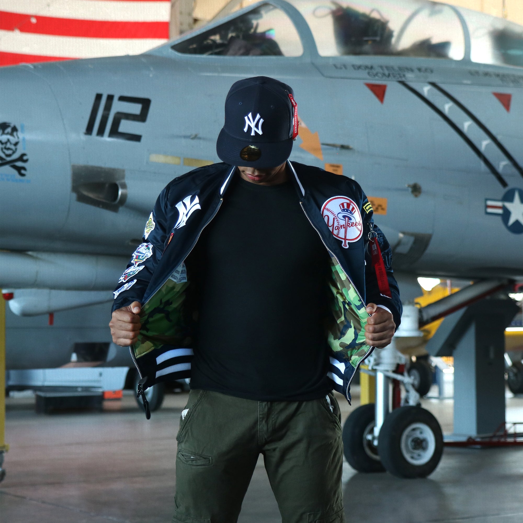 New York Yankees MLB Patch Alpha Industries Reversible Bomber Jacket With Camo Liner | Navy Blue Bomber Jacket