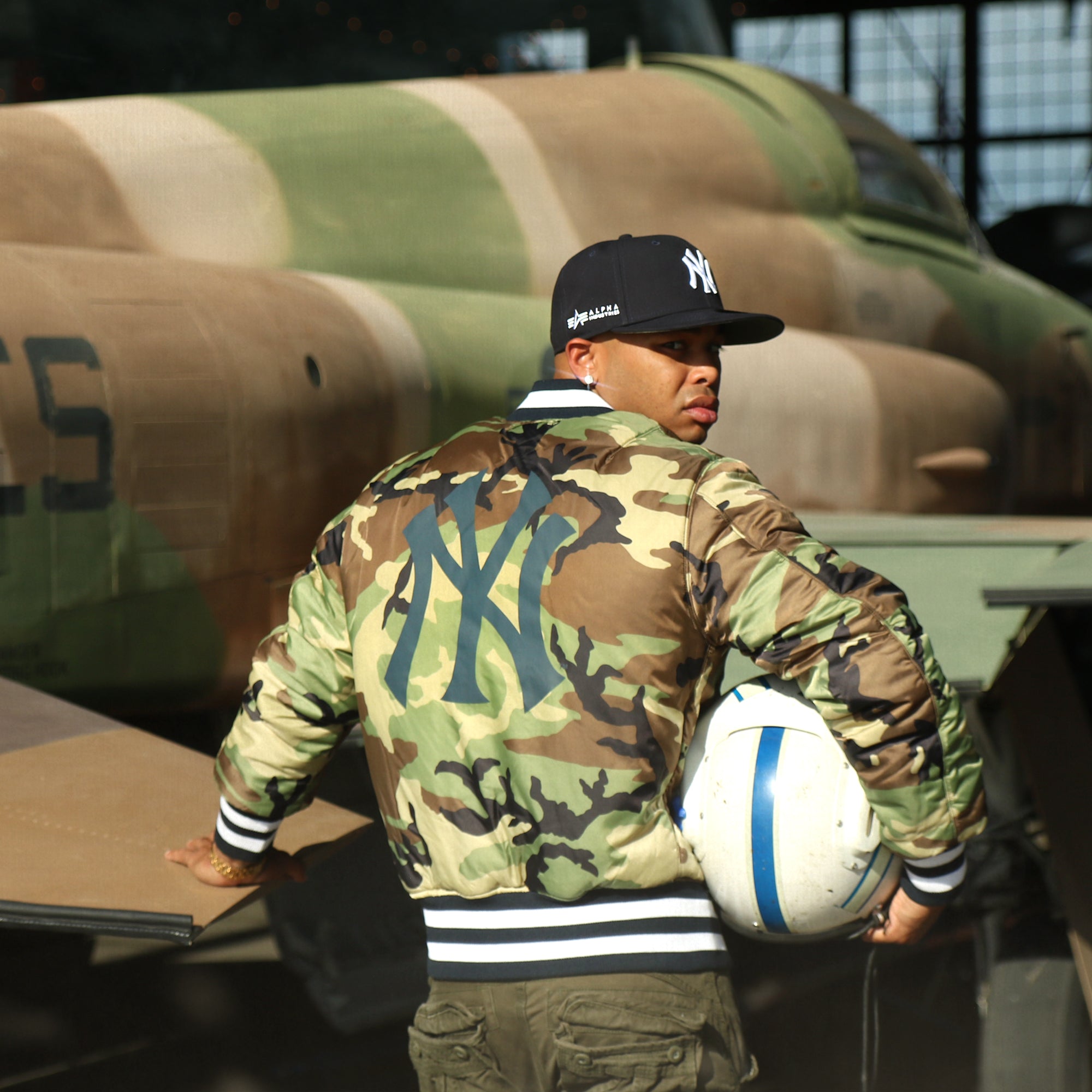 New York Yankees MLB Patch Alpha Industries Reversible Bomber Jacket With Camo Liner | Navy Blue Bomber Jacket