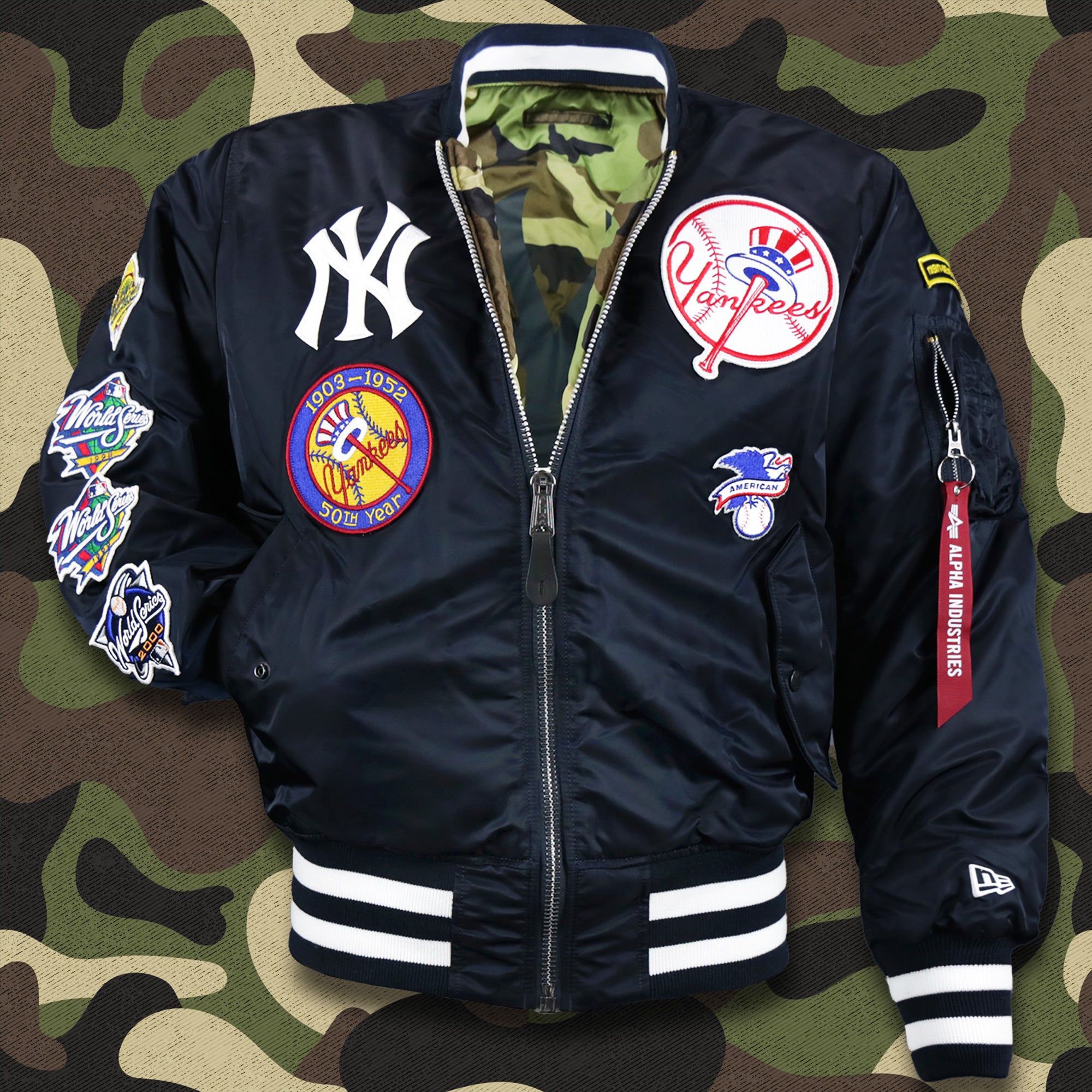 New York Yankees MLB Patch Alpha Industries Reversible Bomber Jacket With Camo Liner | Navy Blue Bomber Jacket