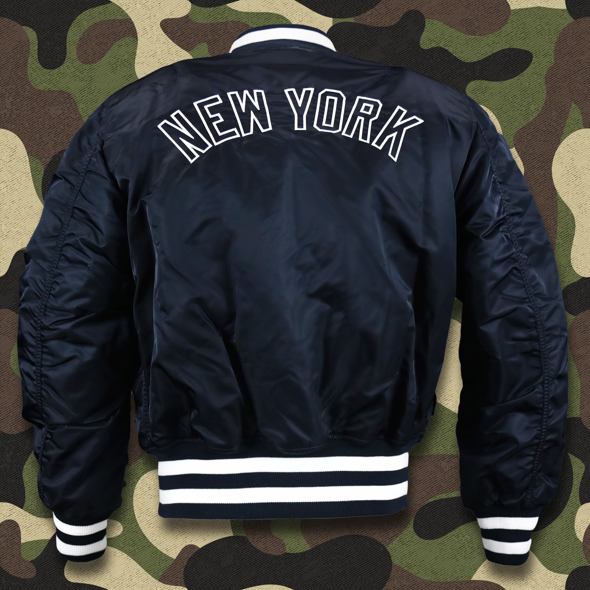 New York Yankees MLB Patch Alpha Industries Reversible Bomber Jacket With Camo Liner | Navy Blue Bomber Jacket