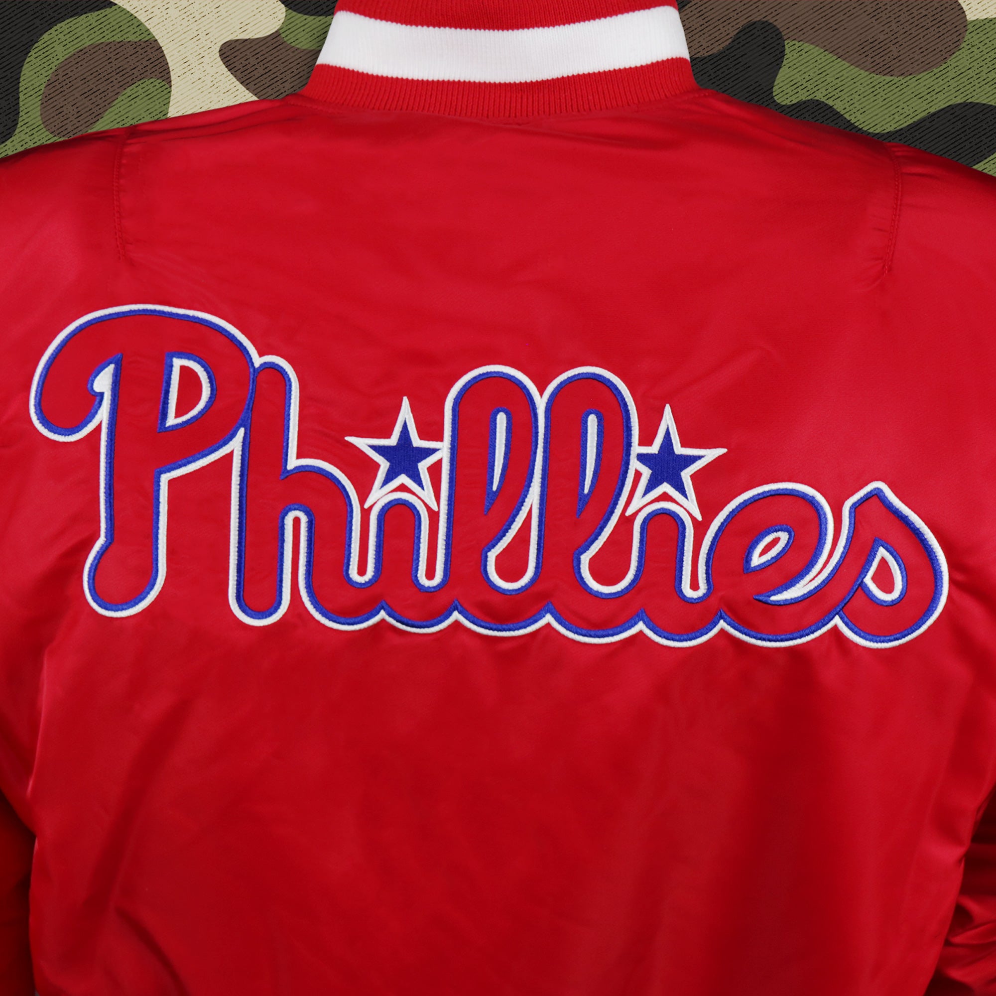 Philadelphia Phillies MLB Patch Alpha Industries Reversible Bomber Jacket With Camo Liner | Red Bomber Jacket