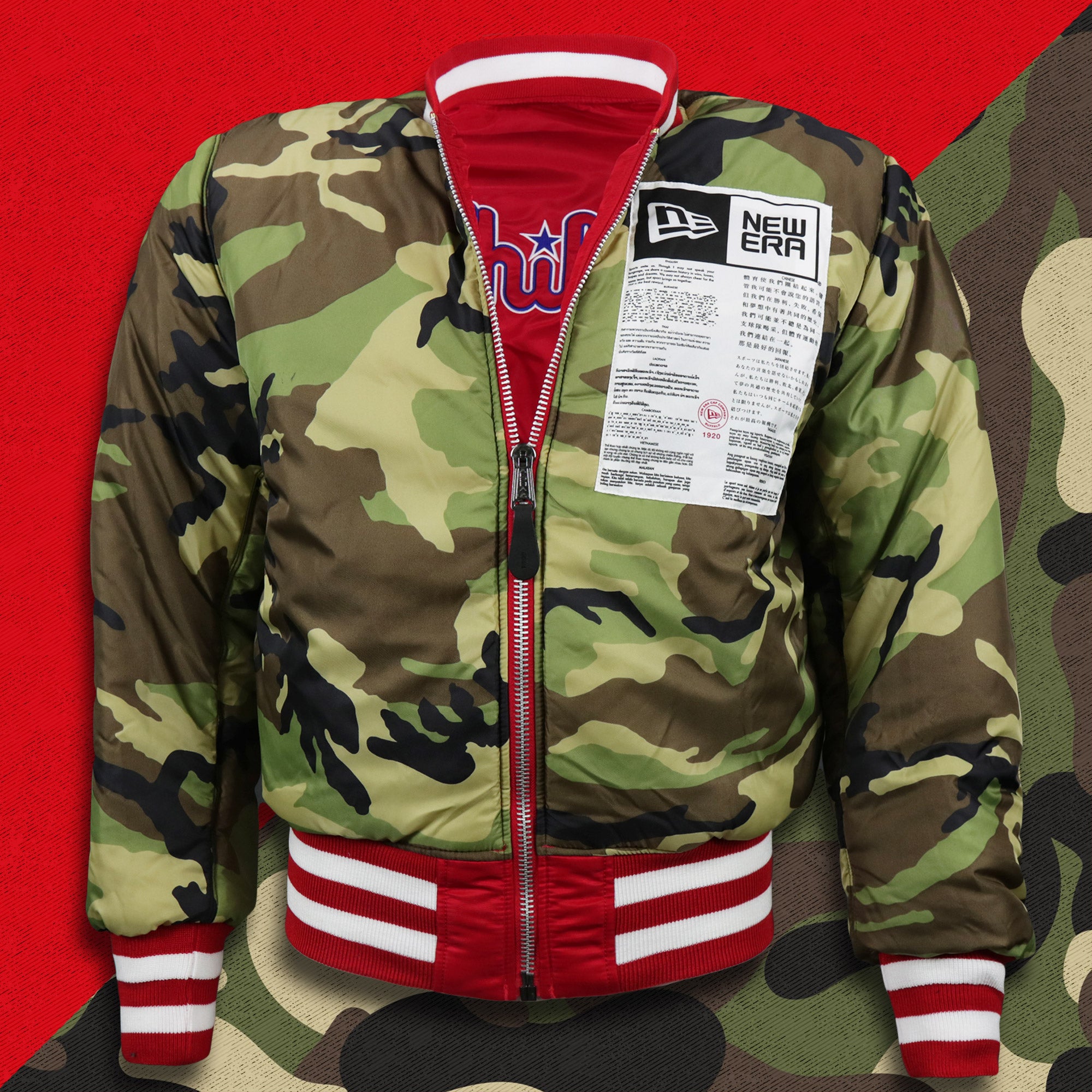 Philadelphia Phillies MLB Patch Alpha Industries Reversible Bomber Jacket With Camo Liner | Red Bomber Jacket