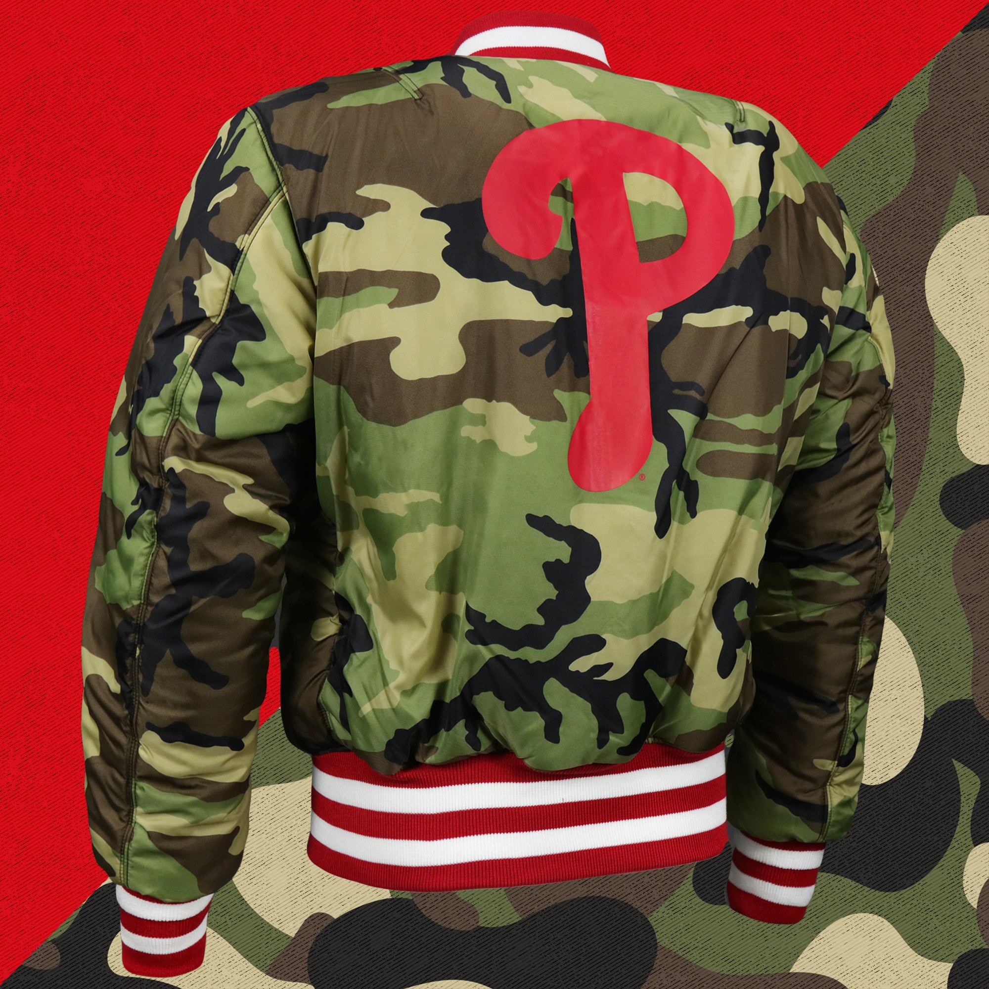 Philadelphia Phillies MLB Patch Alpha Industries Reversible Bomber Jacket With Camo Liner | Red Bomber Jacket