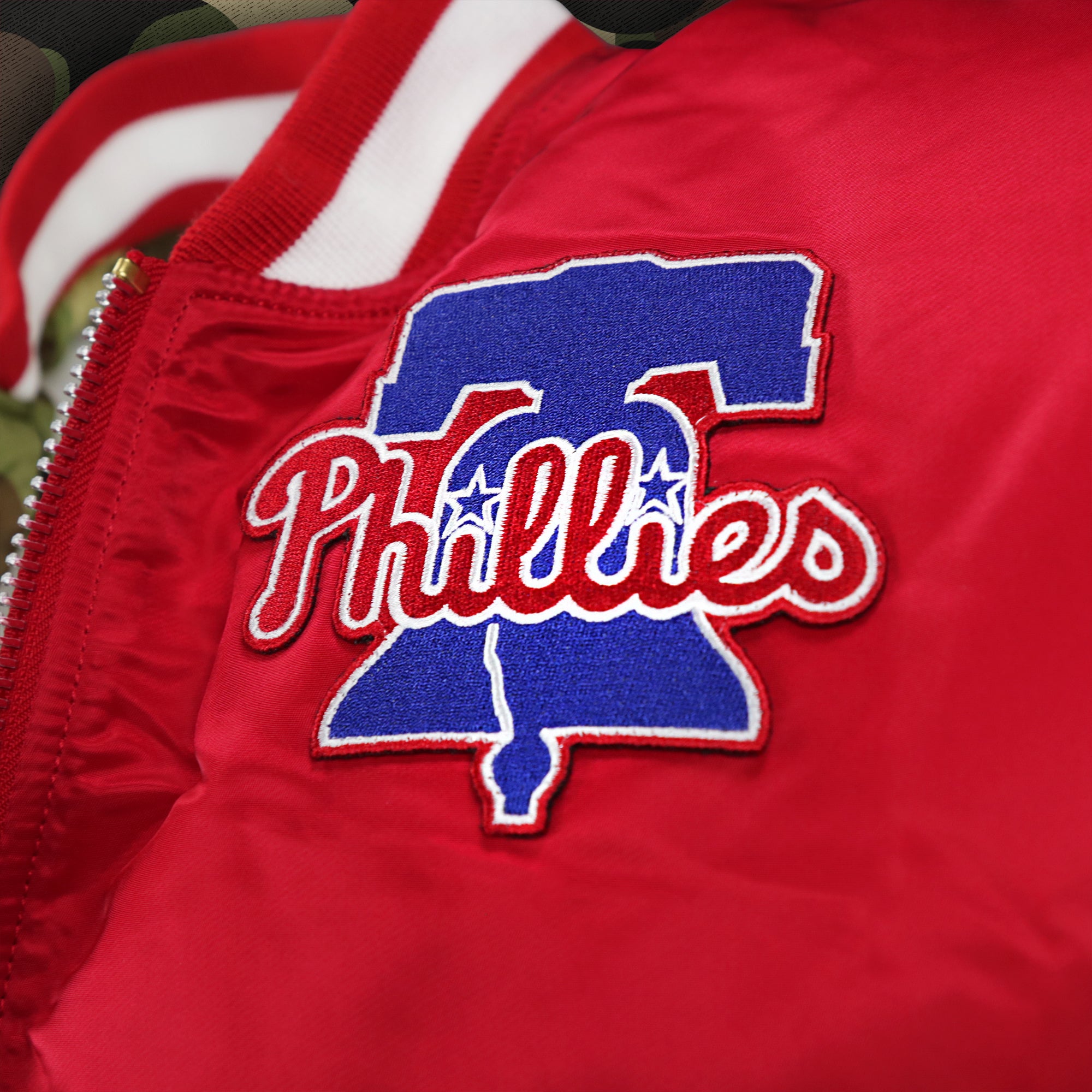 Philadelphia Phillies MLB Patch Alpha Industries Reversible Bomber Jacket With Camo Liner | Red Bomber Jacket