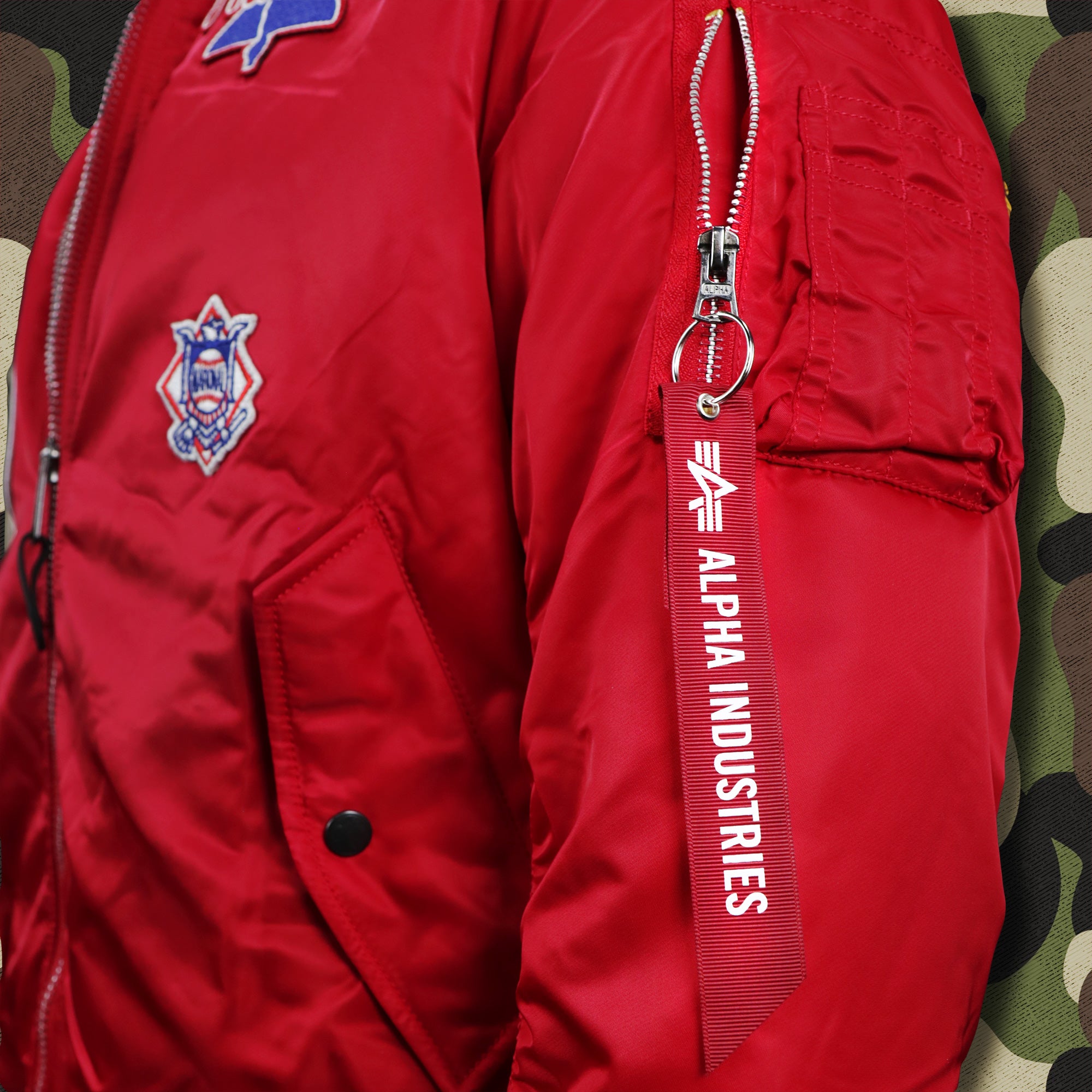 Philadelphia Phillies MLB Patch Alpha Industries Reversible Bomber Jacket With Camo Liner | Red Bomber Jacket