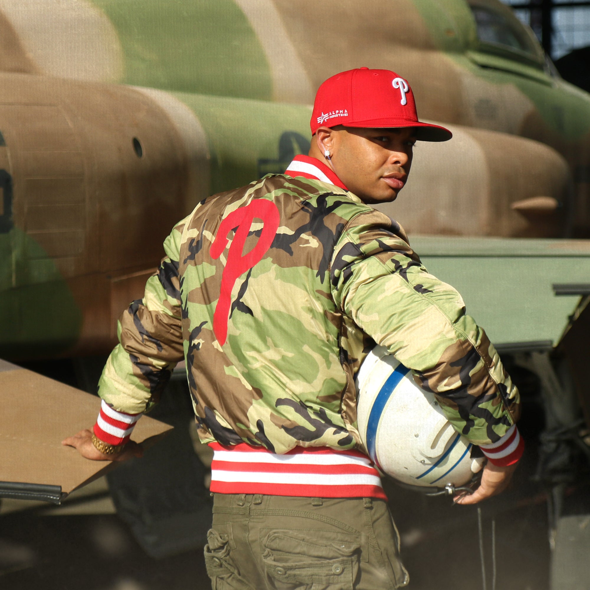 Philadelphia Phillies MLB Patch Alpha Industries Reversible Bomber Jacket With Camo Liner | Red Bomber Jacket