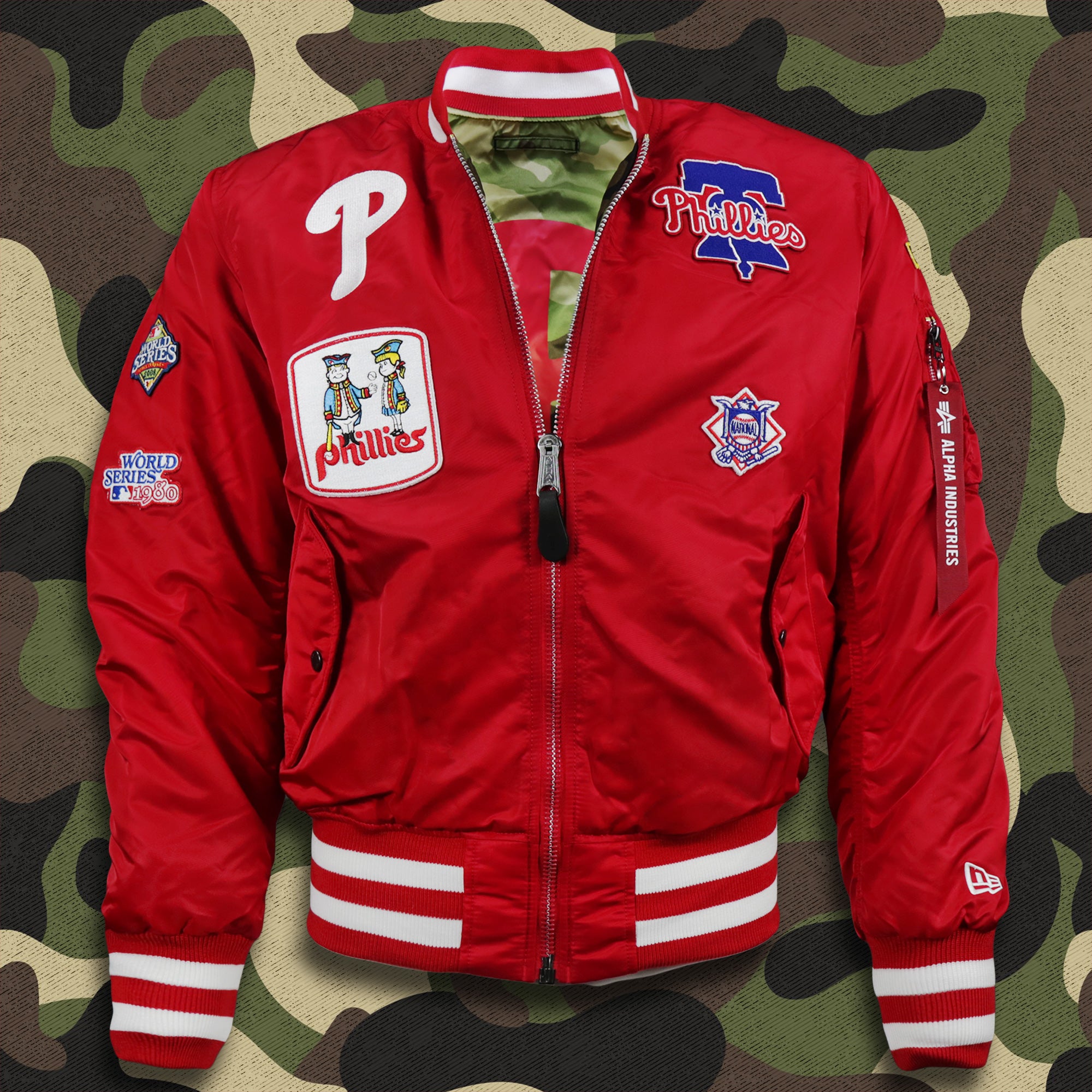 Philadelphia Phillies MLB Patch Alpha Industries Reversible Bomber Jacket With Camo Liner | Red Bomber Jacket