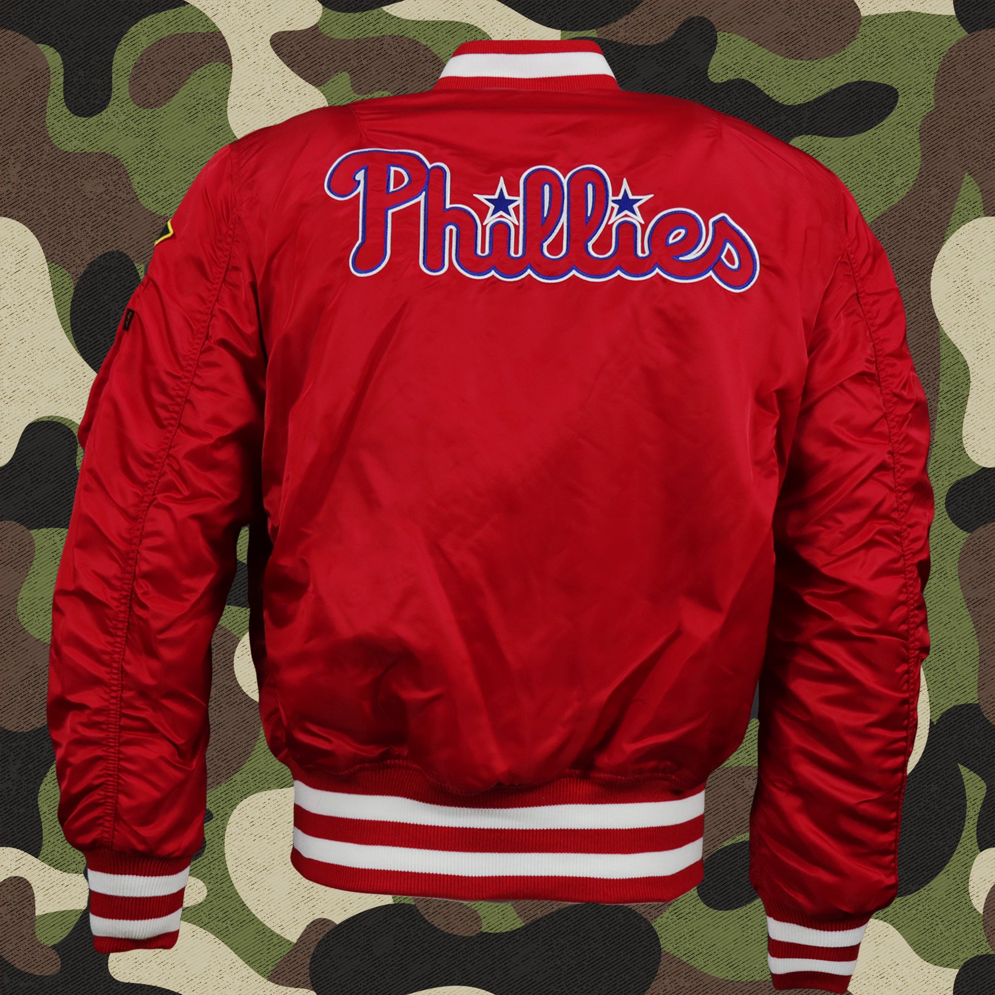 Philadelphia Phillies MLB Patch Alpha Industries Reversible Bomber Jacket With Camo Liner | Red Bomber Jacket