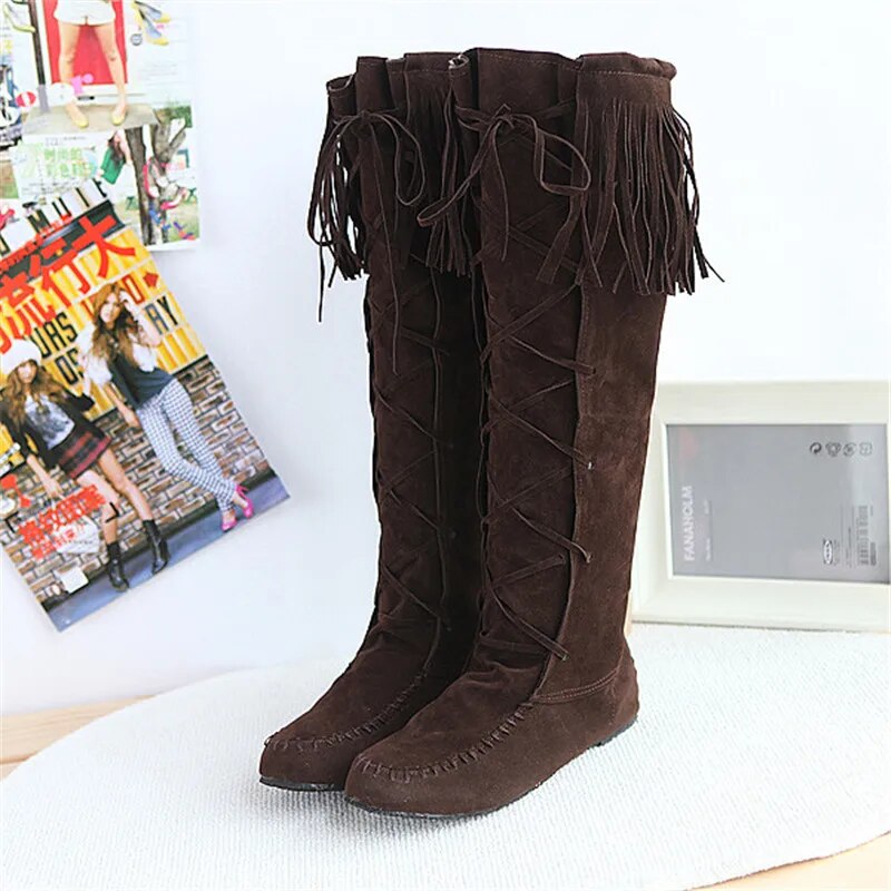 Plus Size Flat Western Boots Size Rope Braided Frosted Inner Increase Tassel High Boots