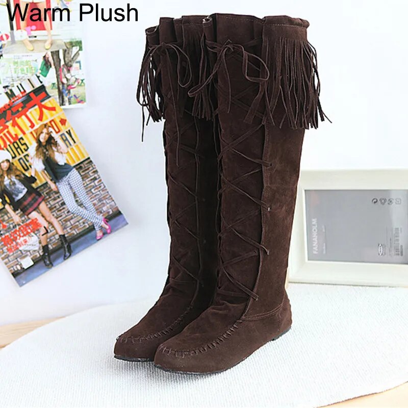 Plus Size Flat Western Boots Size Rope Braided Frosted Inner Increase Tassel High Boots