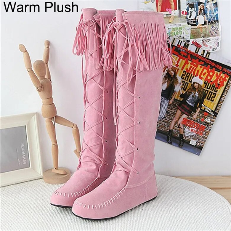 Plus Size Flat Western Boots Size Rope Braided Frosted Inner Increase Tassel High Boots