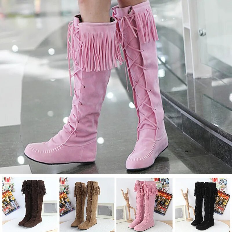 Plus Size Flat Western Boots Size Rope Braided Frosted Inner Increase Tassel High Boots