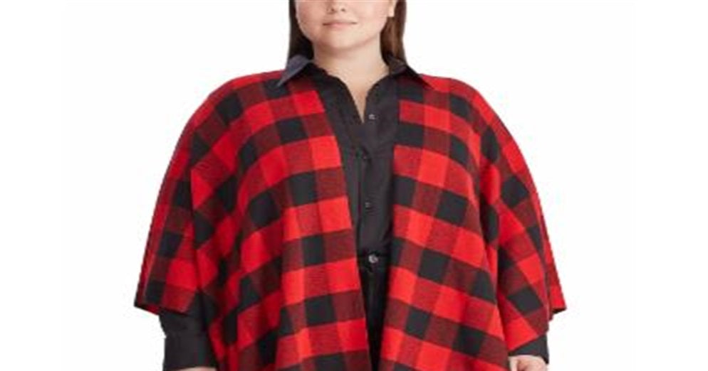 Ralph Lauren Women's Buffalo Check Poncho Sweater Black Size Regular