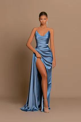 Sexy V-Neck Satin Pleated Side Slit Long Bridesmaid Dress QB3058