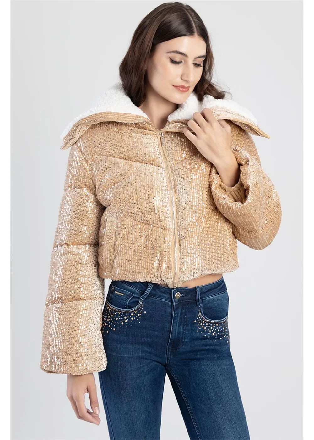 Sissyboy J30304 Sequin Zip Puffer Jacket With Faux Fur