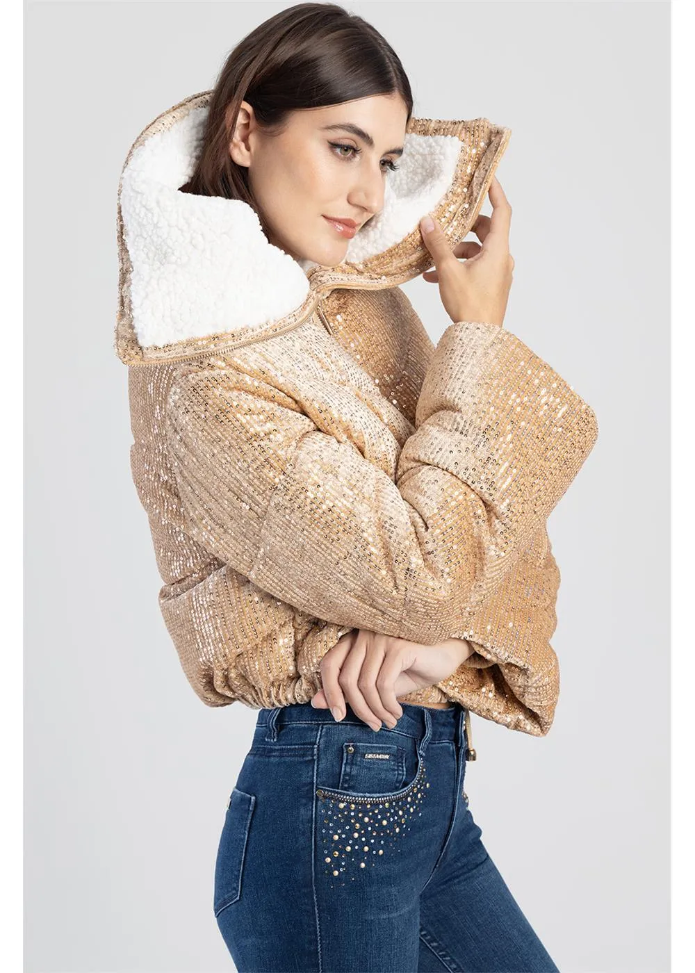 Sissyboy J30304 Sequin Zip Puffer Jacket With Faux Fur