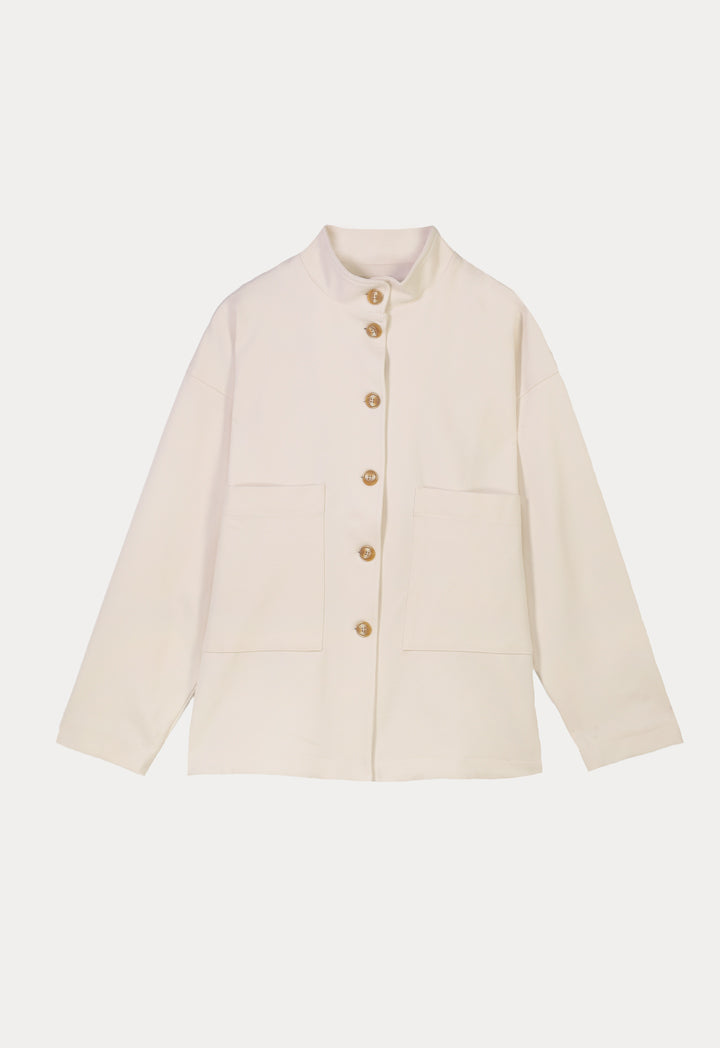 Solid Fitted Buttoned Shirt Jacket