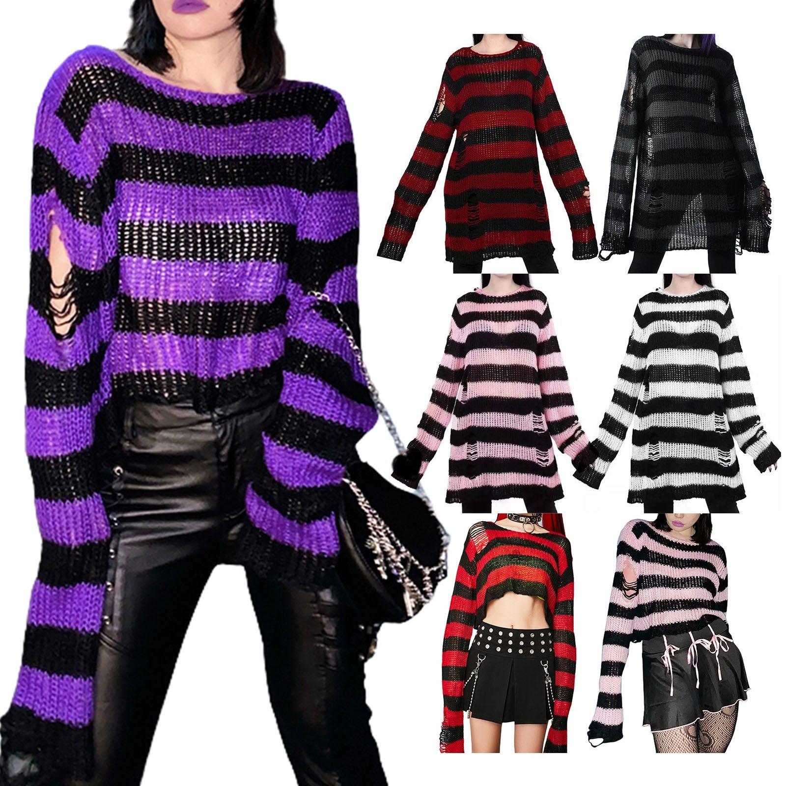 Unleash Your Inner Rebel with Our Punk Gothic Striped Hollow Knit Sweater