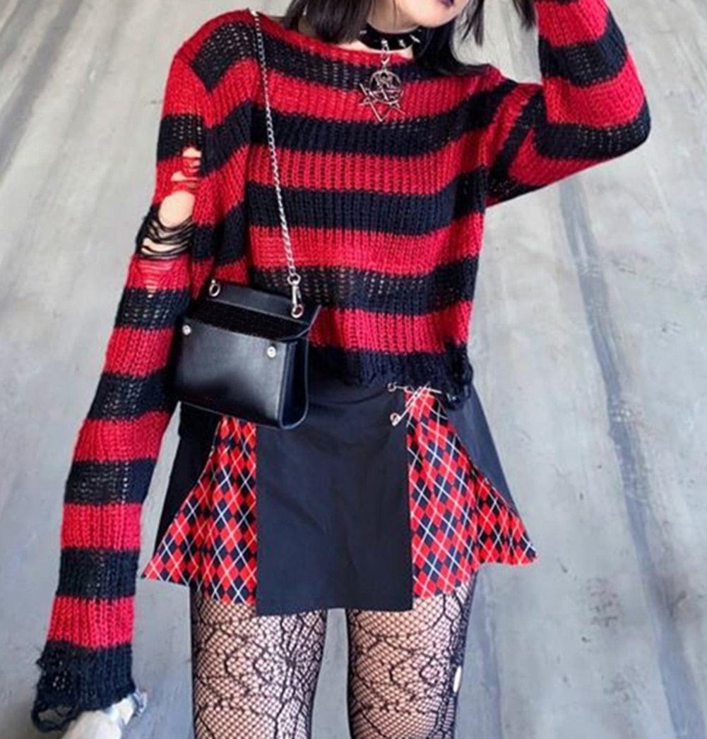 Unleash Your Inner Rebel with Our Punk Gothic Striped Hollow Knit Sweater