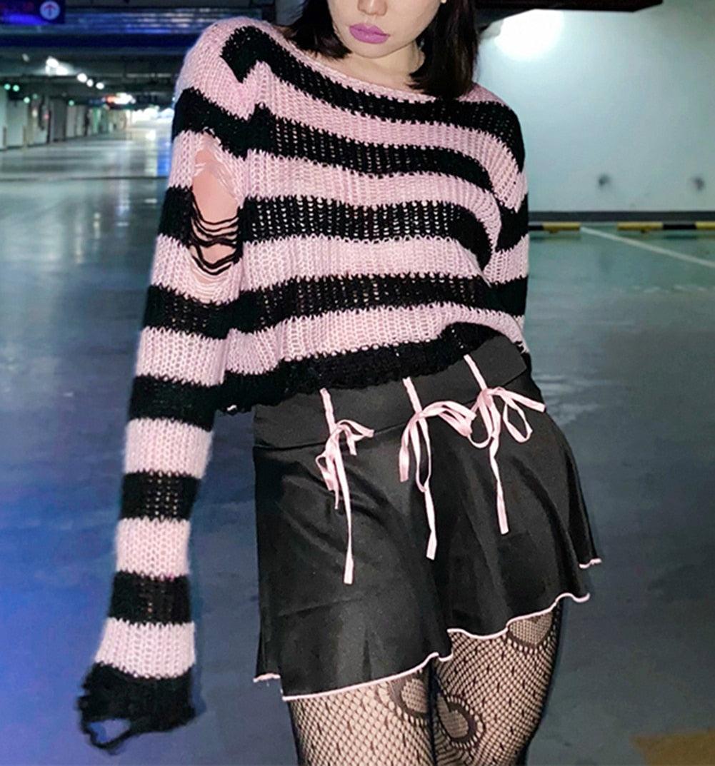 Unleash Your Inner Rebel with Our Punk Gothic Striped Hollow Knit Sweater