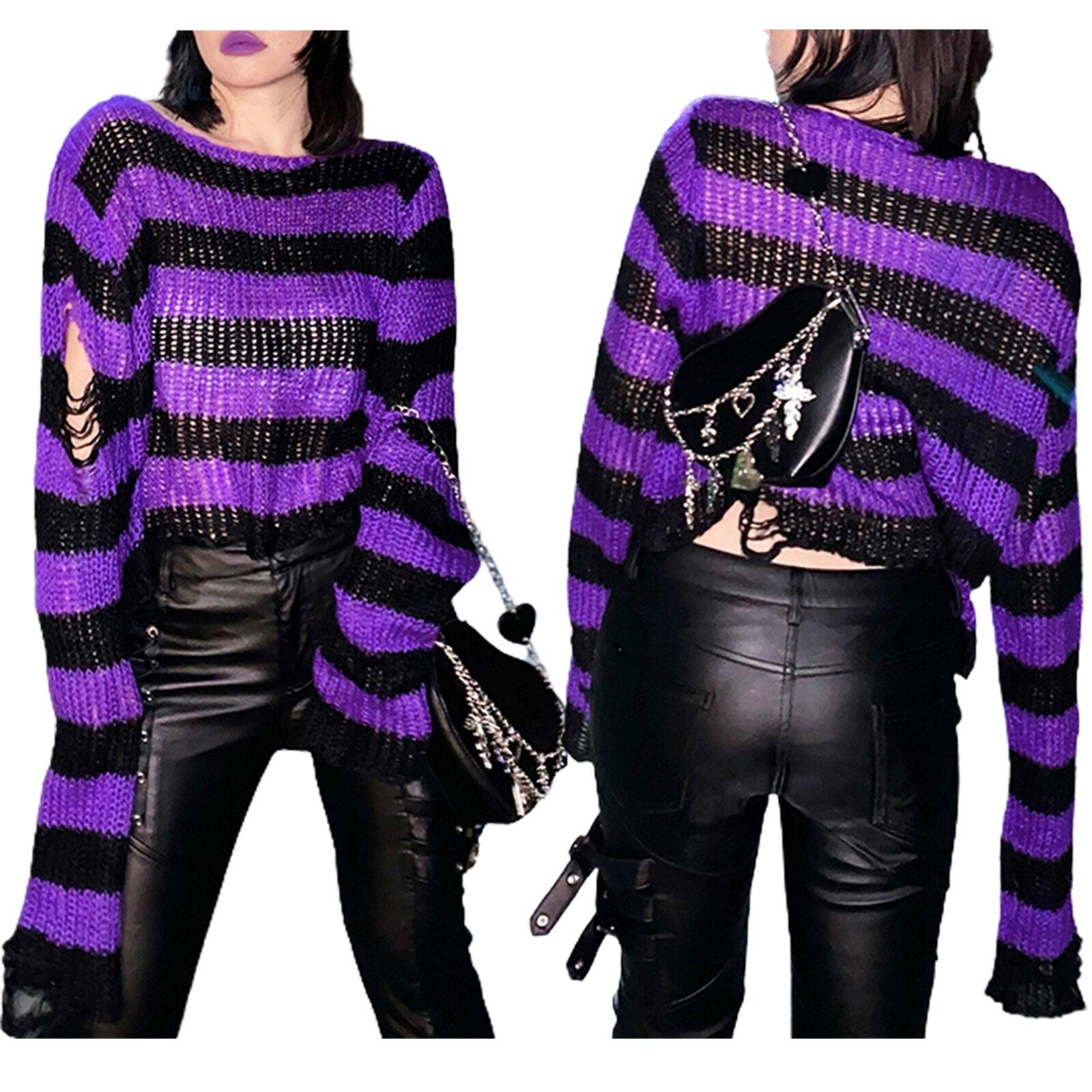 Unleash Your Inner Rebel with Our Punk Gothic Striped Hollow Knit Sweater