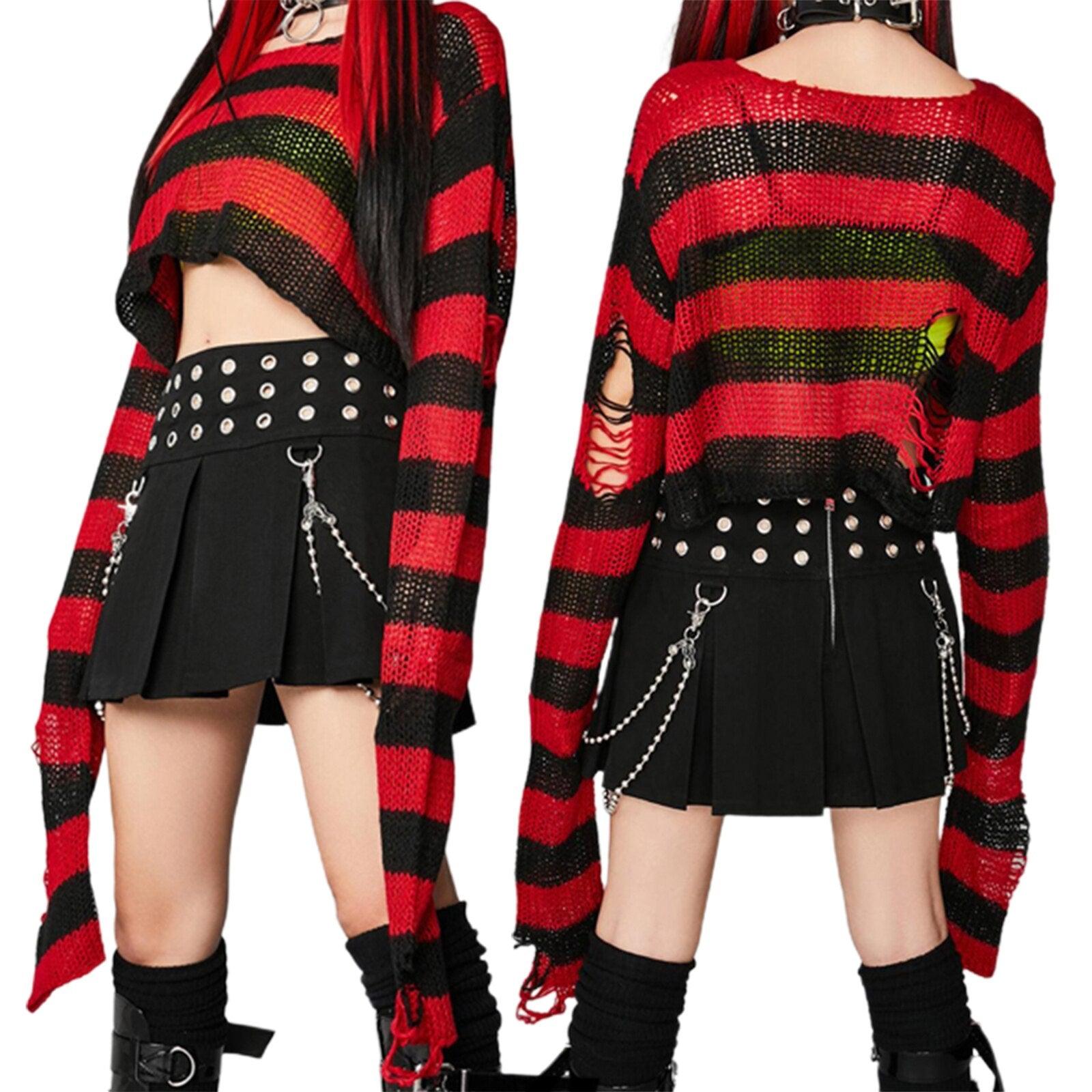 Unleash Your Inner Rebel with Our Punk Gothic Striped Hollow Knit Sweater