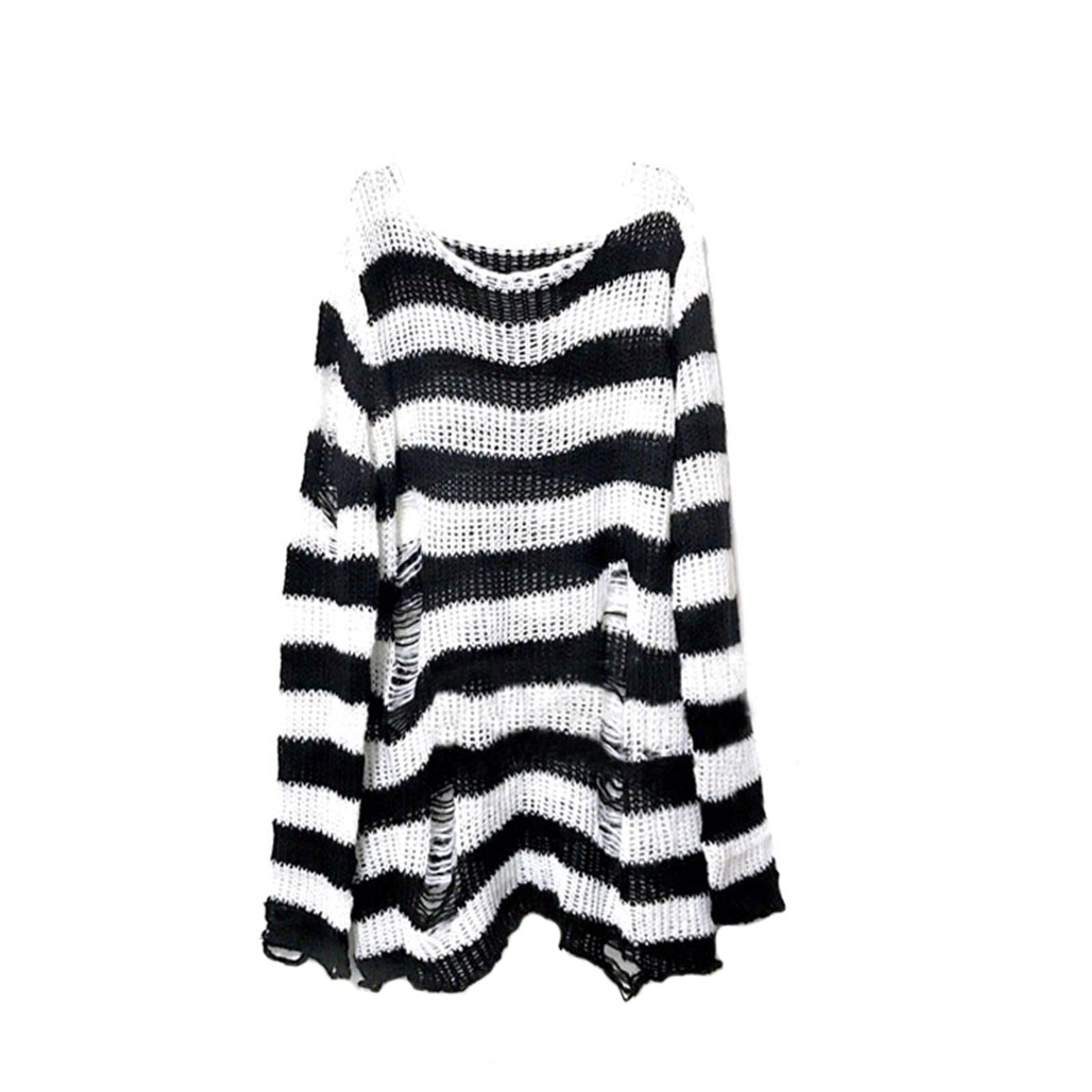 Unleash Your Inner Rebel with Our Punk Gothic Striped Hollow Knit Sweater