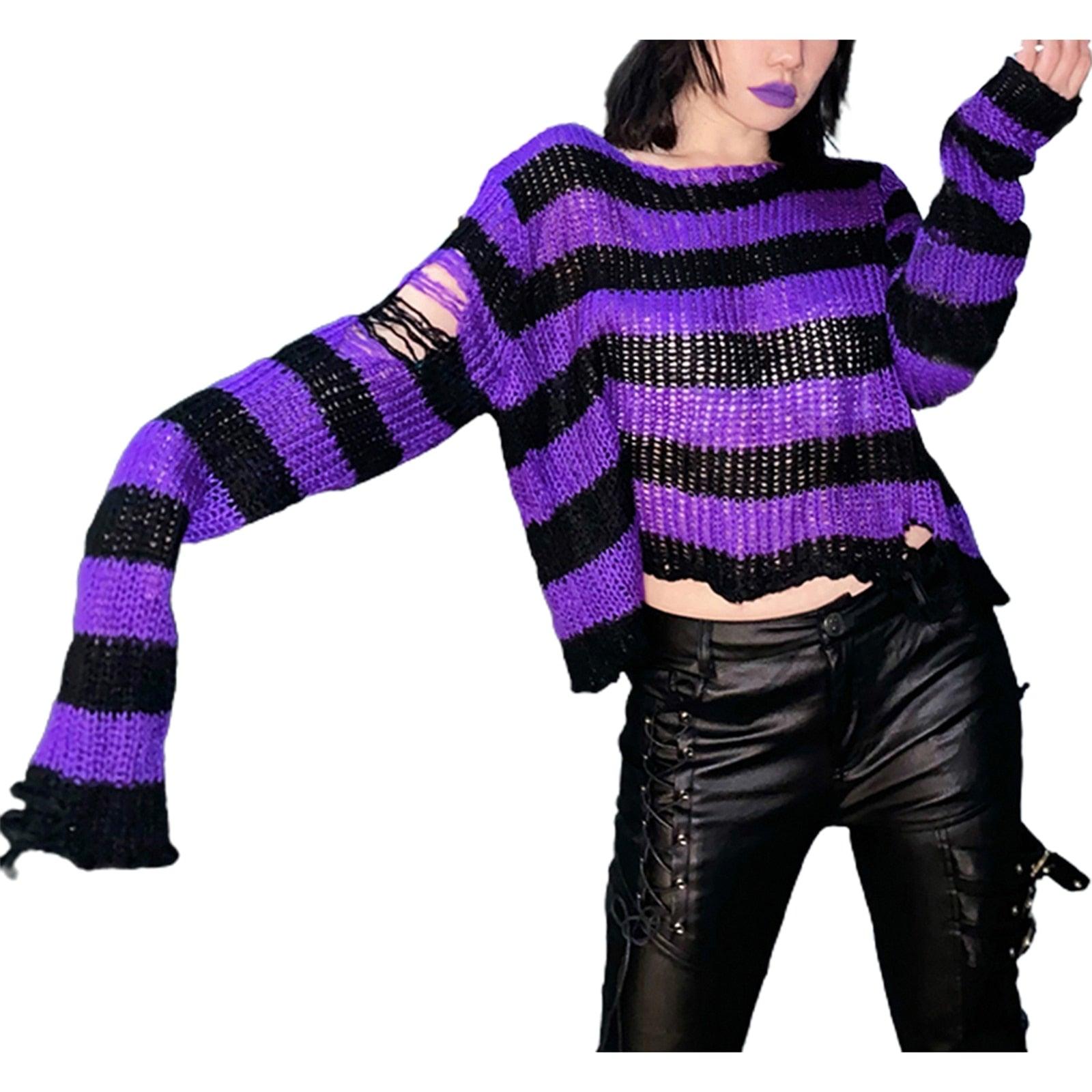 Unleash Your Inner Rebel with Our Punk Gothic Striped Hollow Knit Sweater