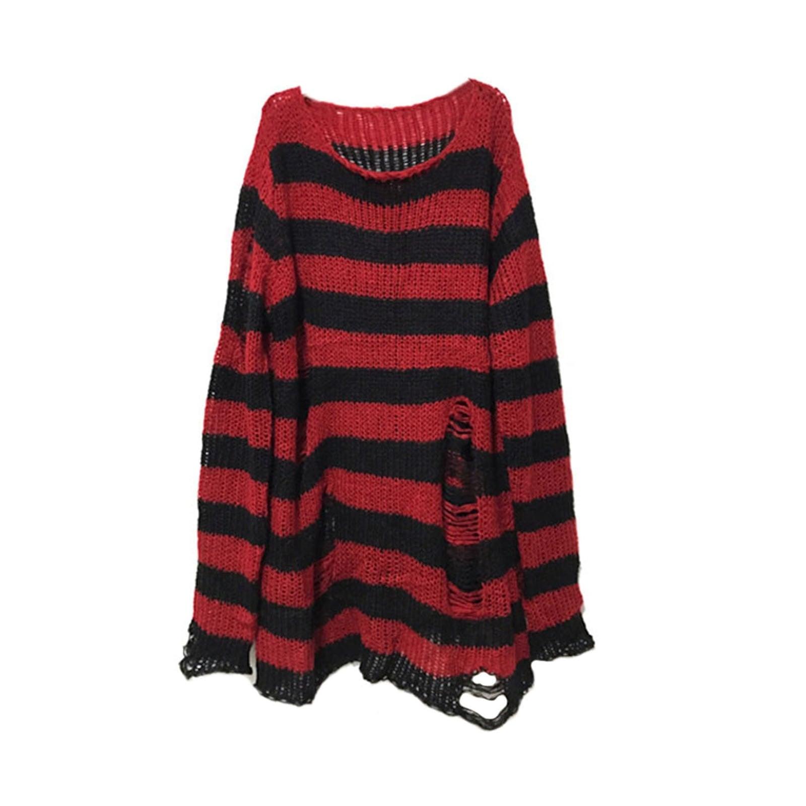 Unleash Your Inner Rebel with Our Punk Gothic Striped Hollow Knit Sweater