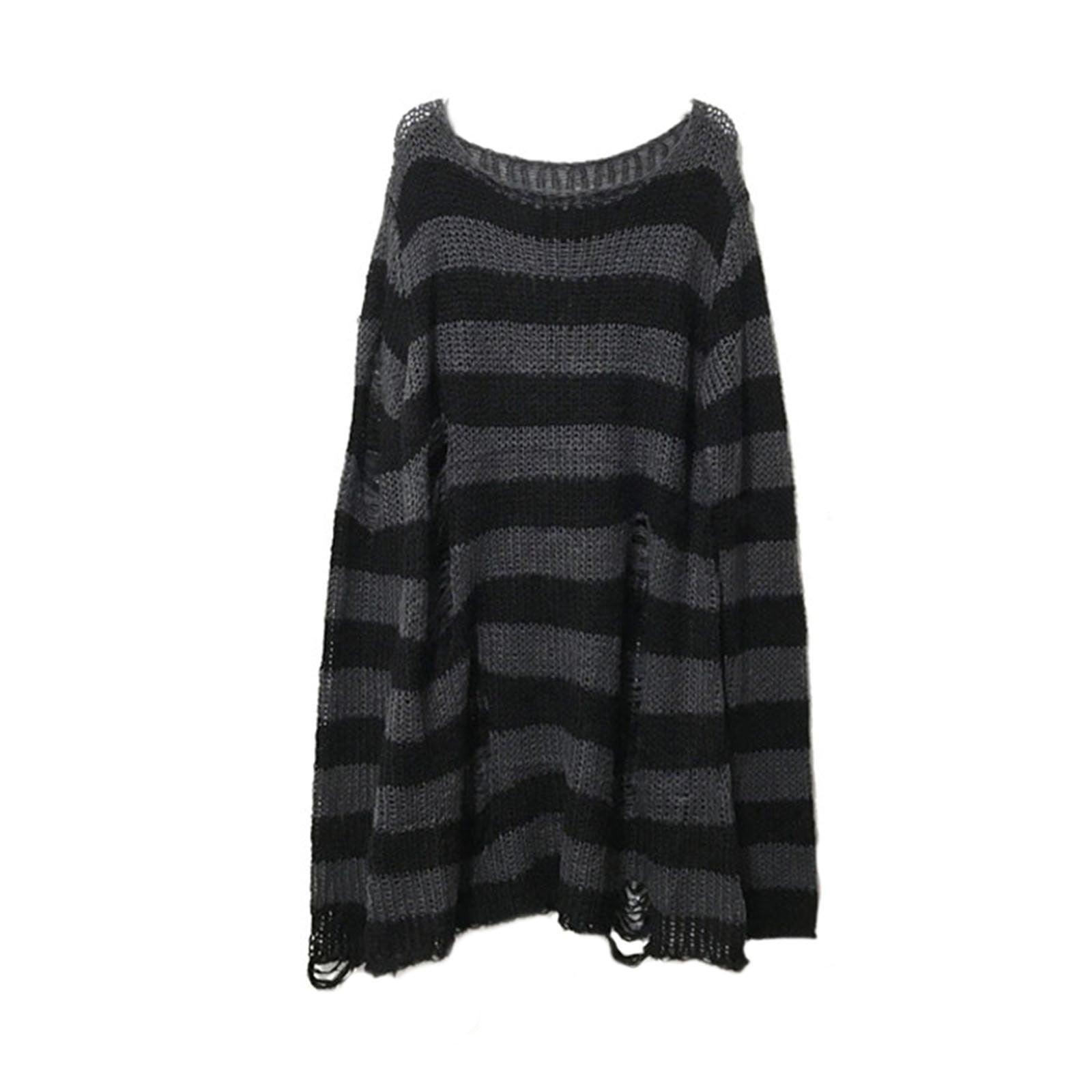 Unleash Your Inner Rebel with Our Punk Gothic Striped Hollow Knit Sweater