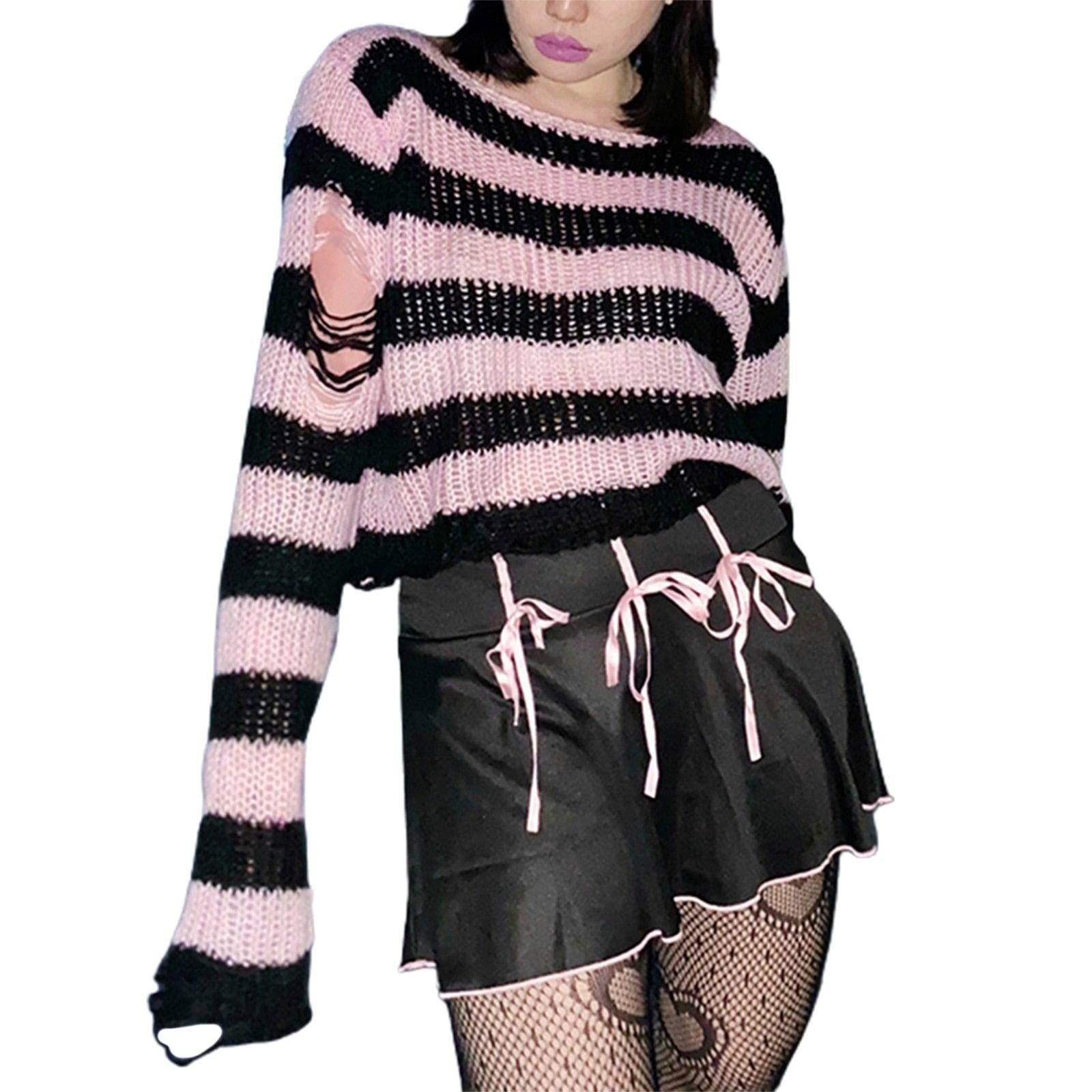 Unleash Your Inner Rebel with Our Punk Gothic Striped Hollow Knit Sweater