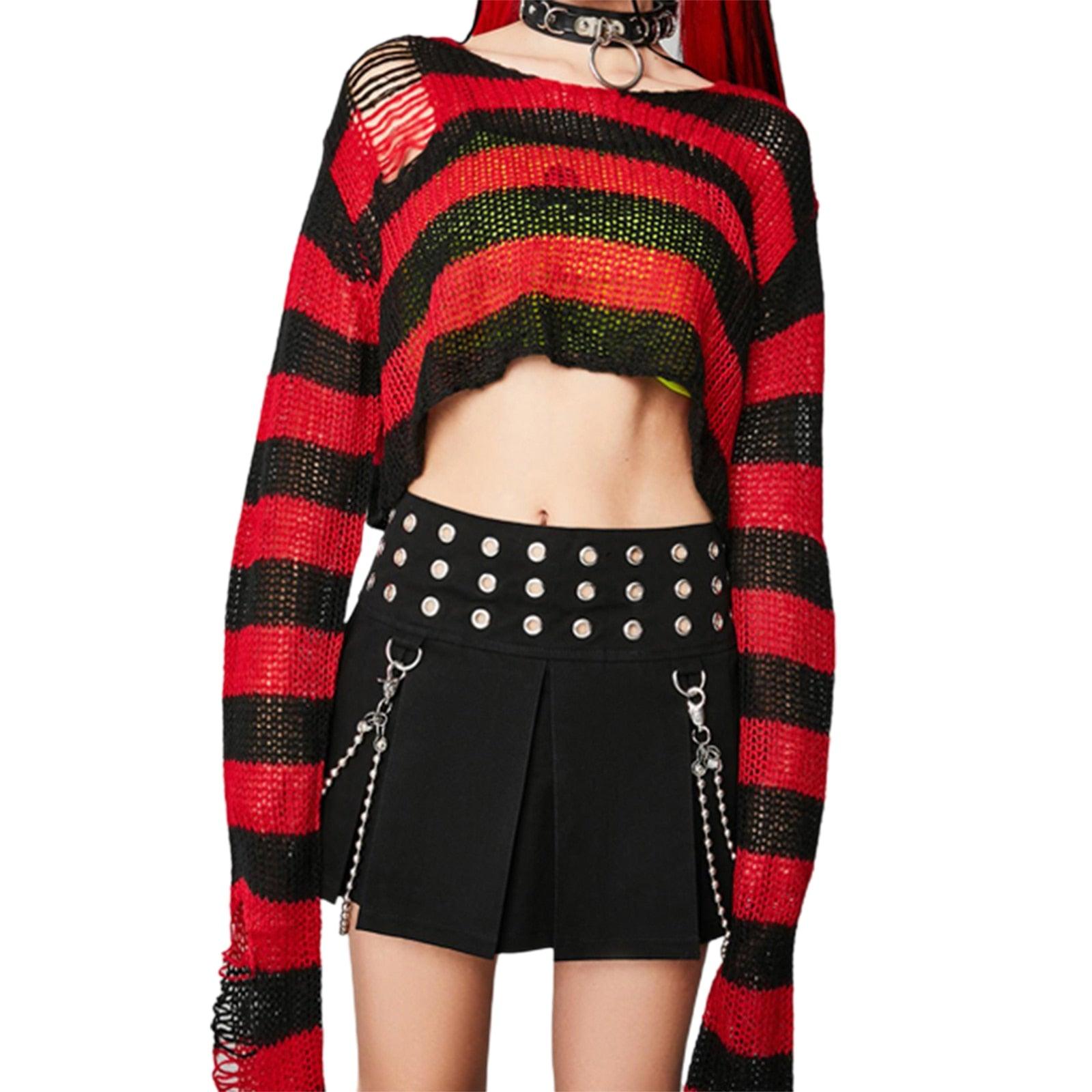 Unleash Your Inner Rebel with Our Punk Gothic Striped Hollow Knit Sweater