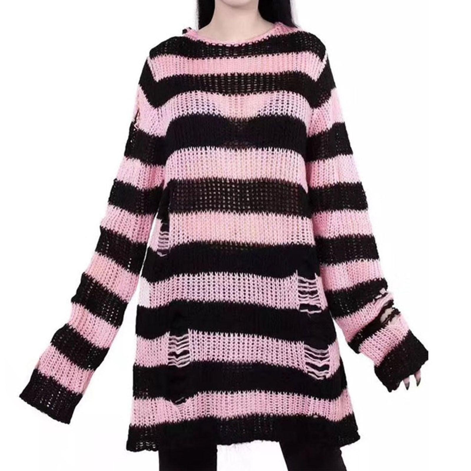 Unleash Your Inner Rebel with Our Punk Gothic Striped Hollow Knit Sweater