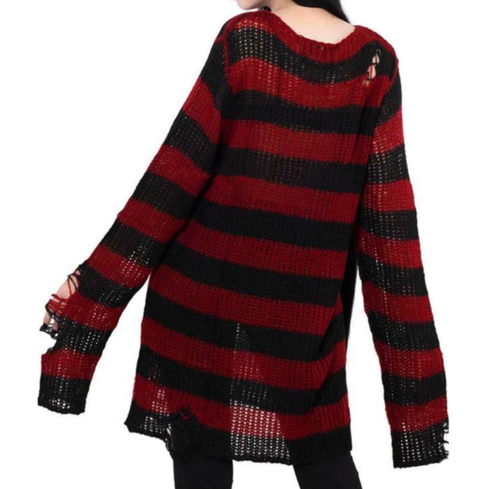 Unleash Your Inner Rebel with Our Punk Gothic Striped Hollow Knit Sweater