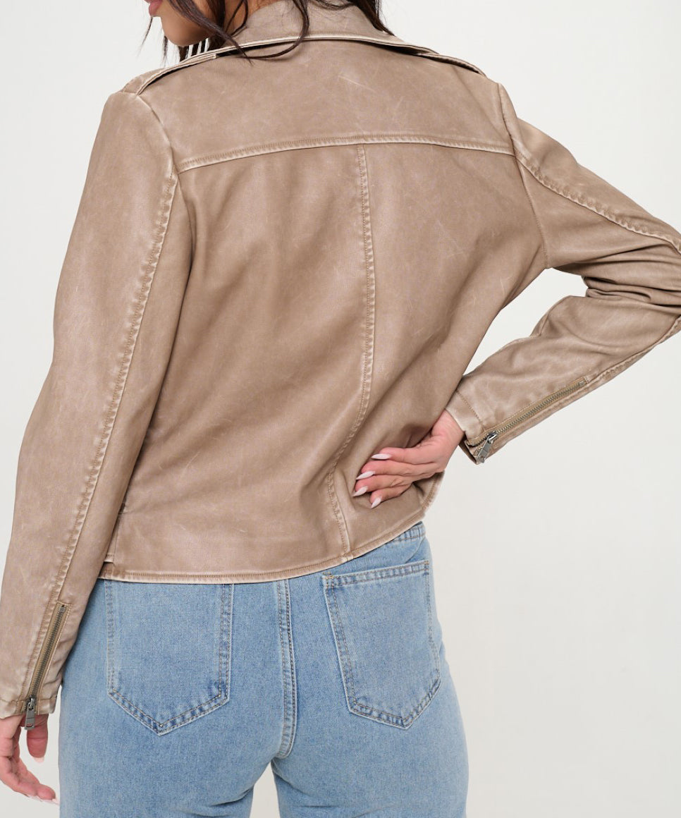 Vegan Leather Moto Jacket - Khaki