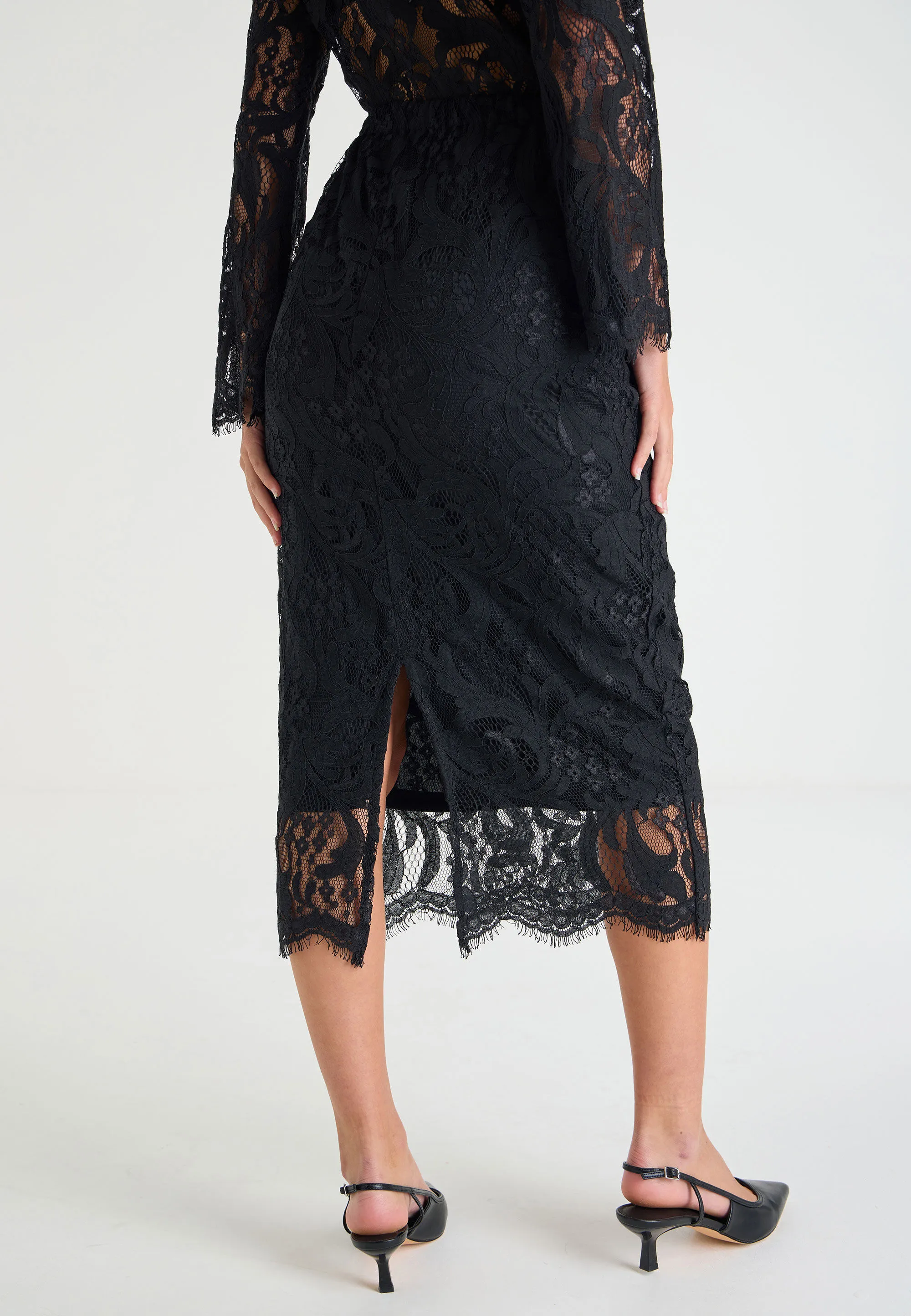 Womens Black Lace Midi Skirt