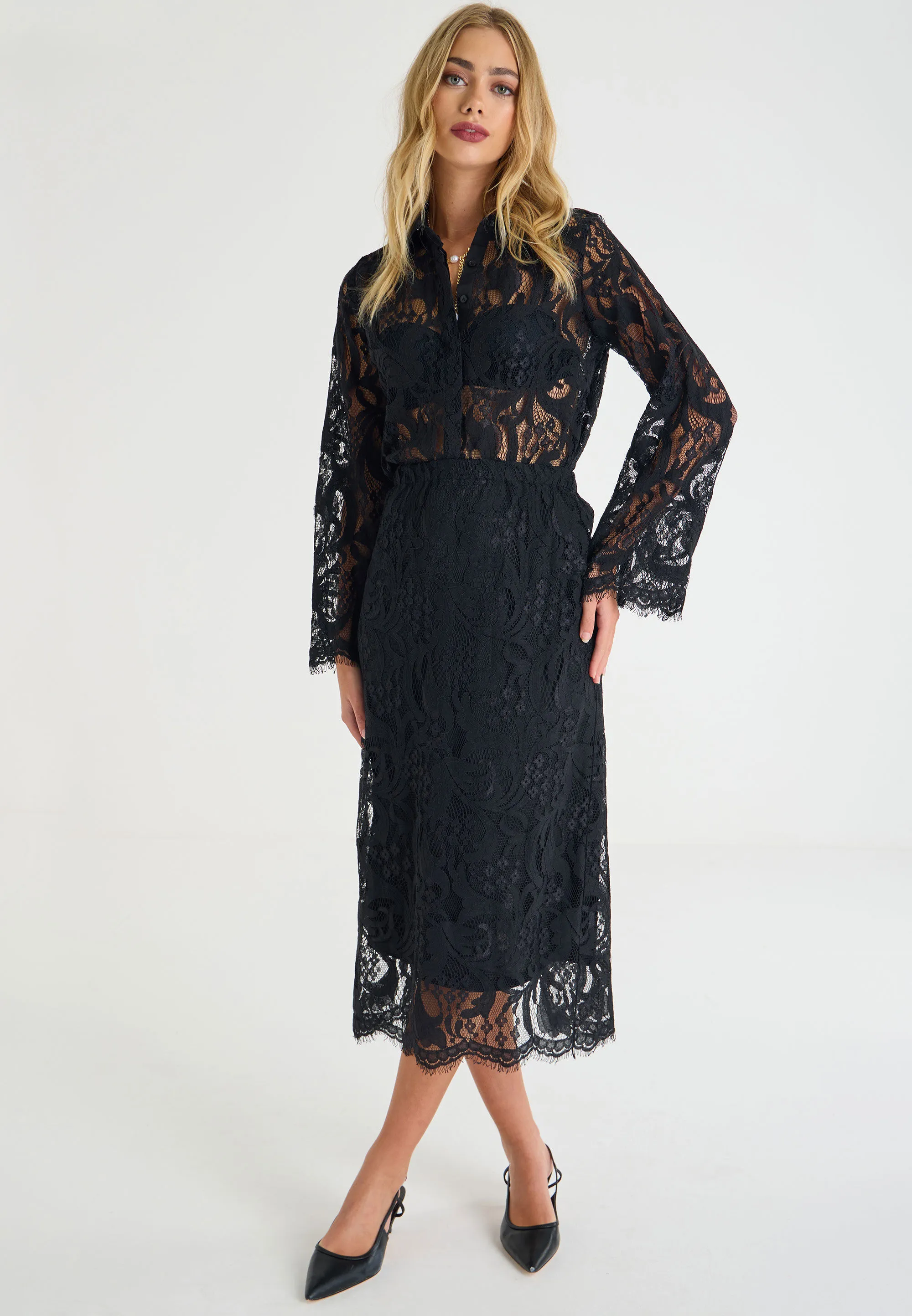 Womens Black Lace Midi Skirt