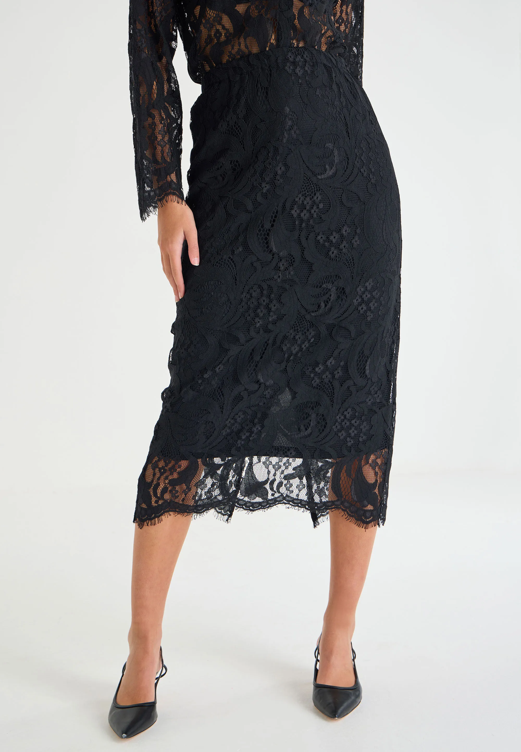 Womens Black Lace Midi Skirt