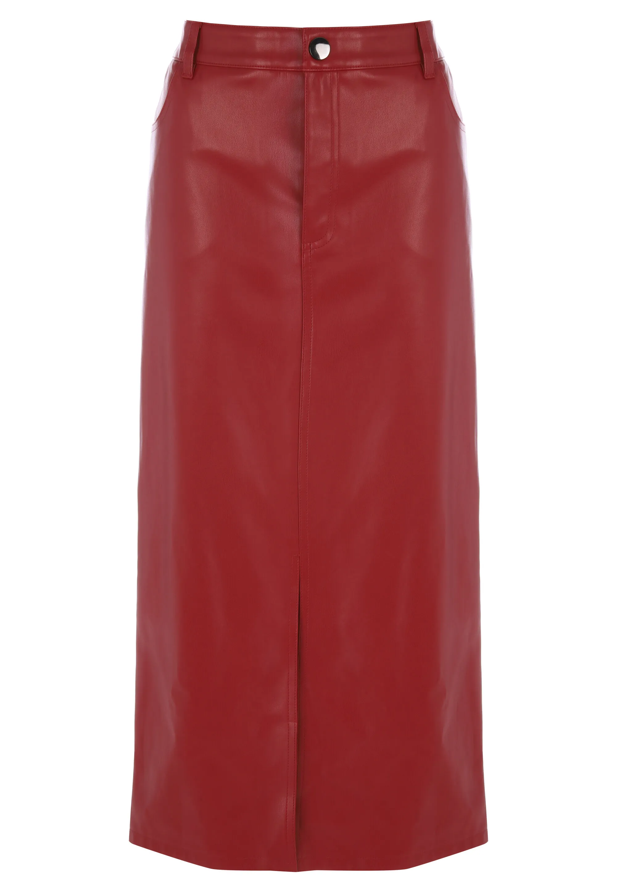 Womens Red Plain PU Midi Skirt