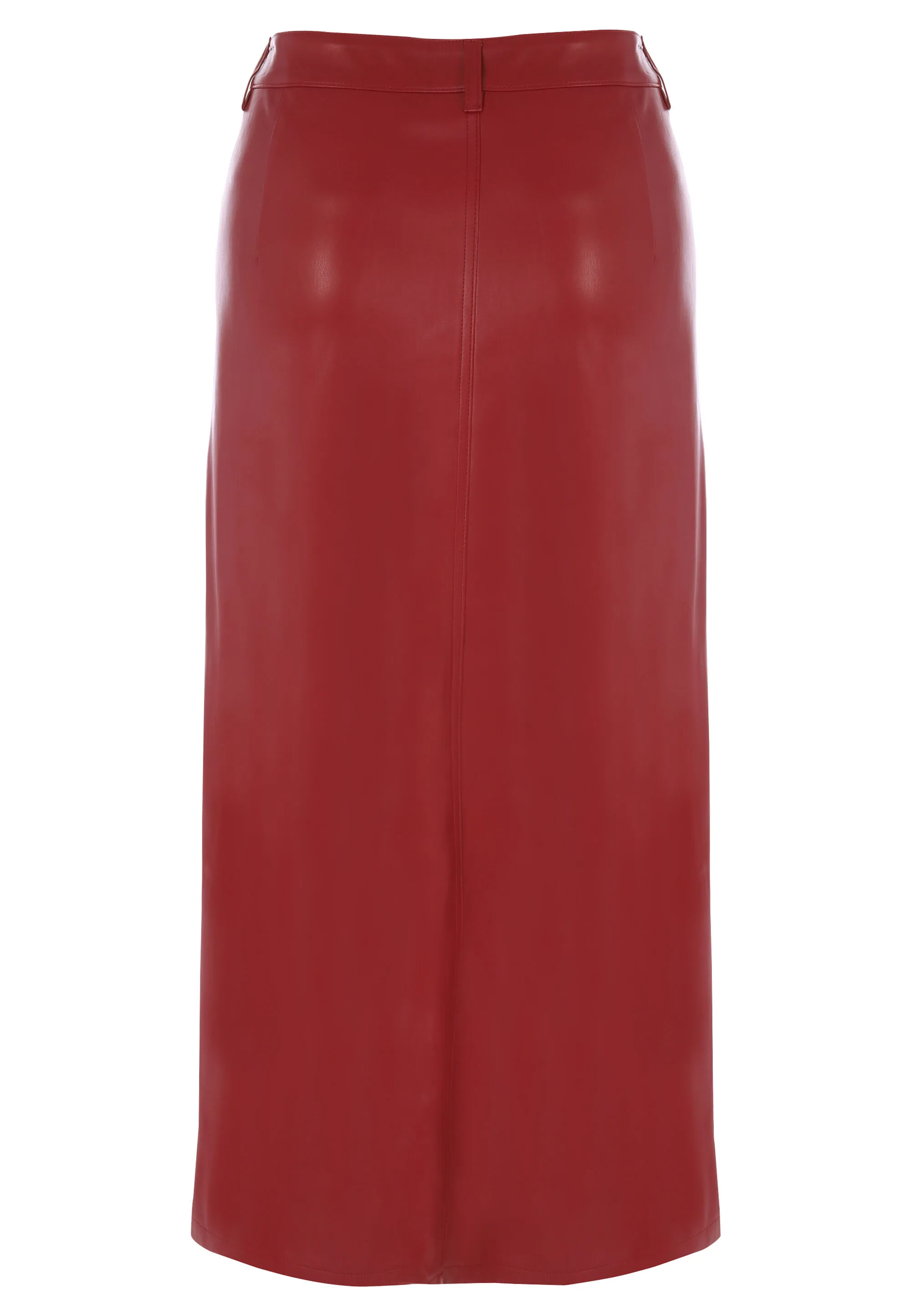 Womens Red Plain PU Midi Skirt