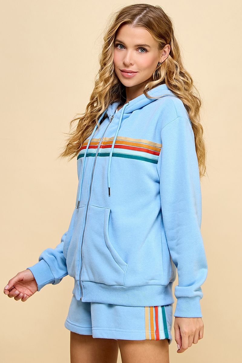 Zipper Front Sweater Hoodie Featuring Multi-Color Striped Detailed Front