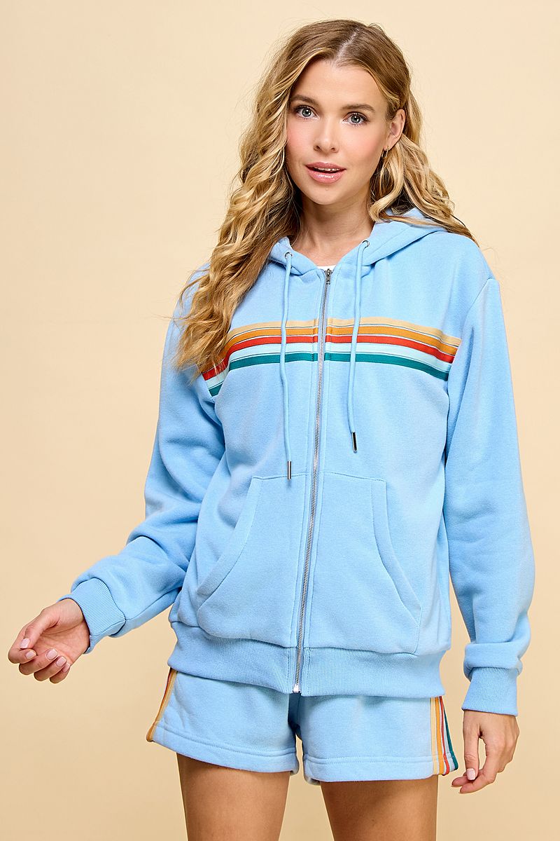 Zipper Front Sweater Hoodie Featuring Multi-Color Striped Detailed Front