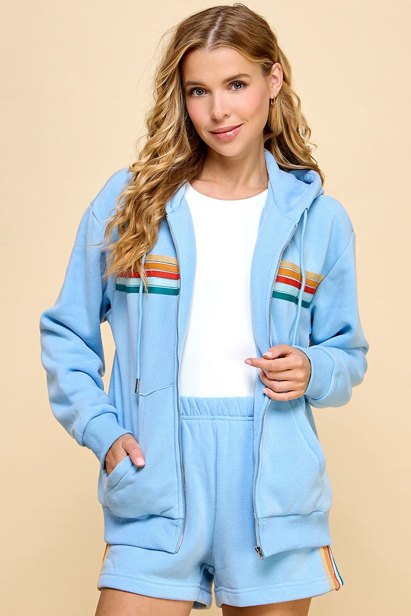 Zipper Front Sweater Hoodie Featuring Multi-Color Striped Detailed Front