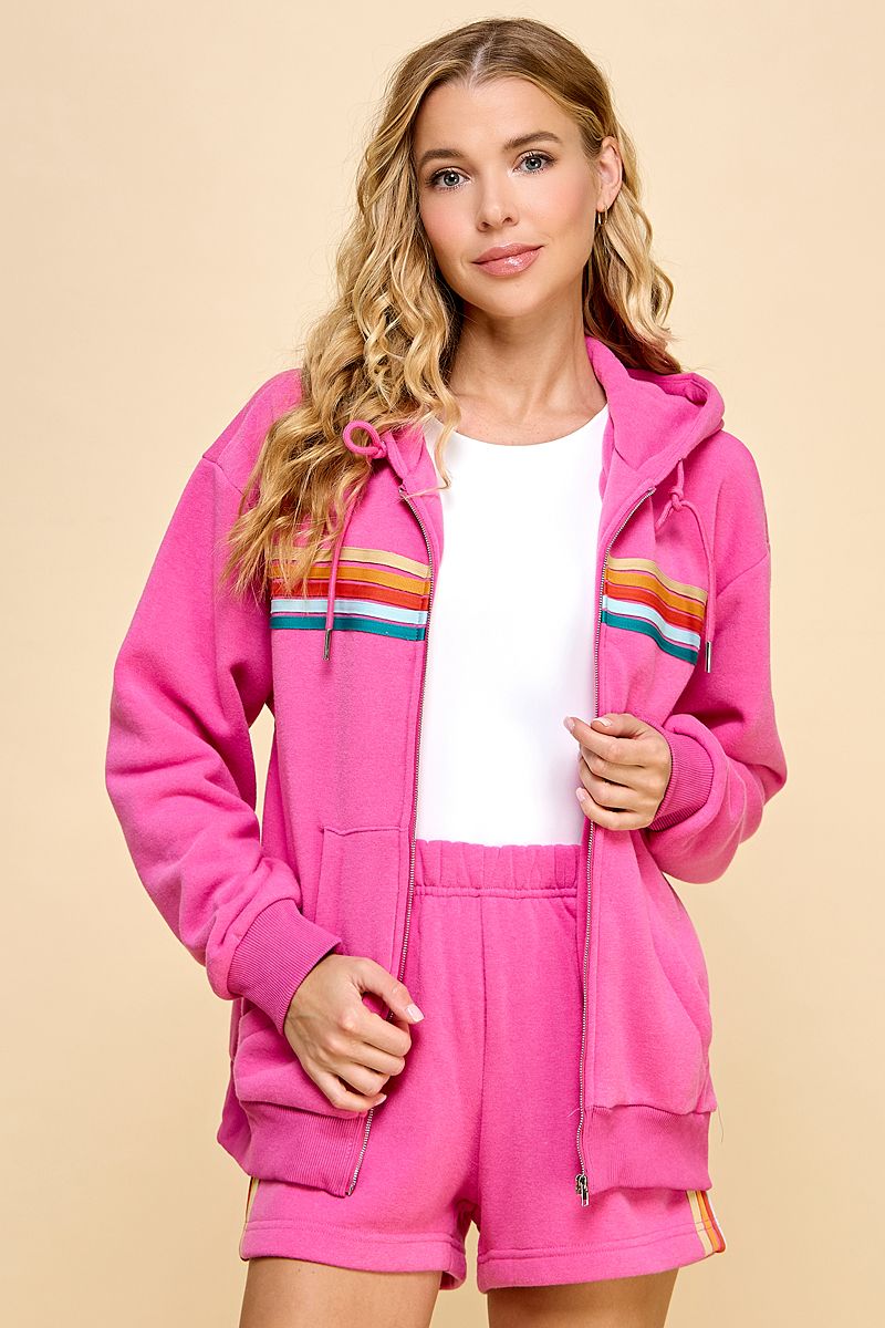 Zipper Front Sweater Hoodie Featuring Multi-Color Striped Detailed Front