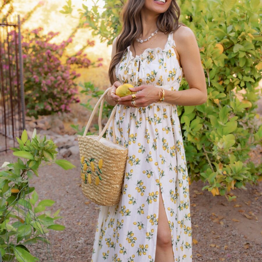 Lemon Print Slit Maxi Dress